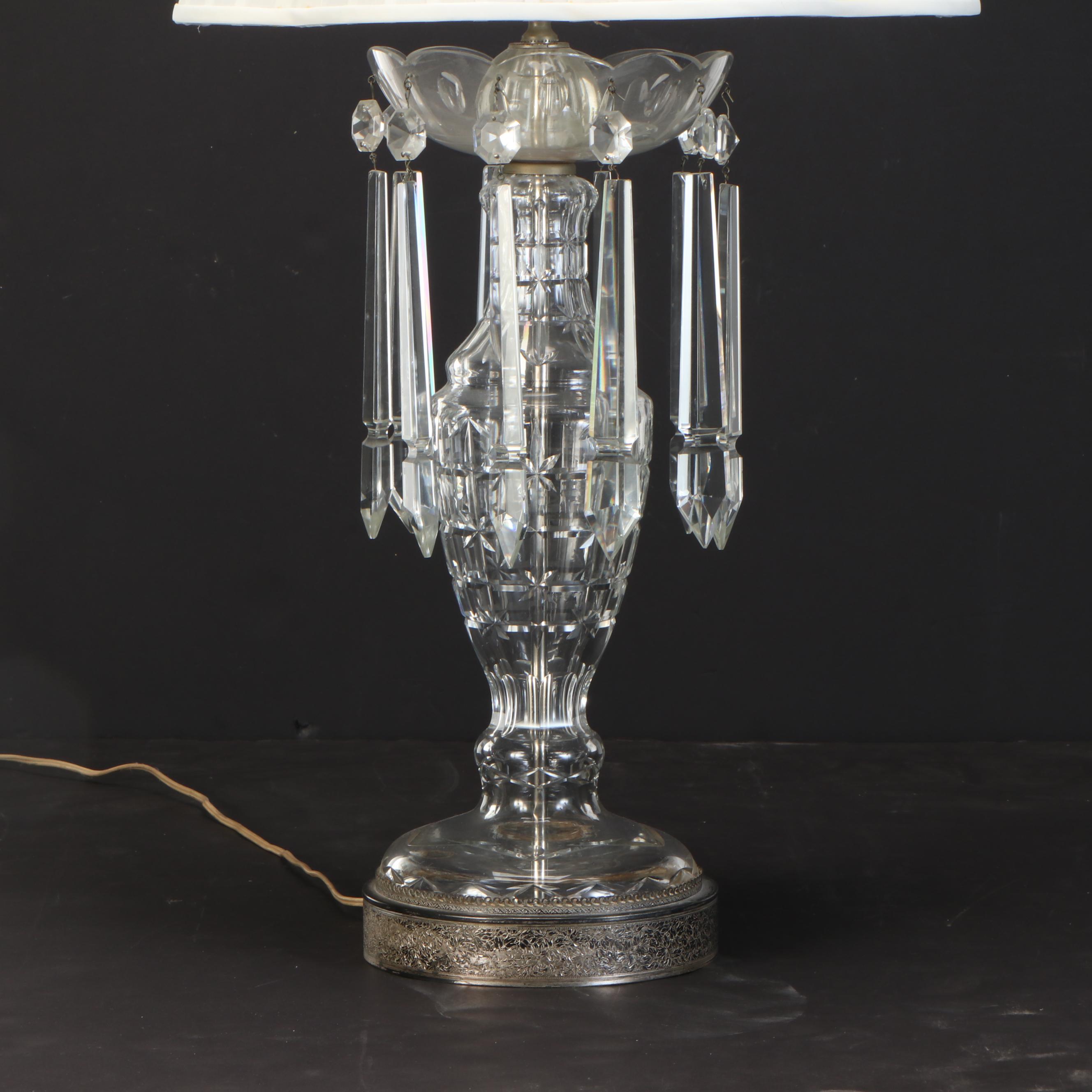 Cut Glass and Crystal Mantel Luster Table Lamp, Mid-20th Century