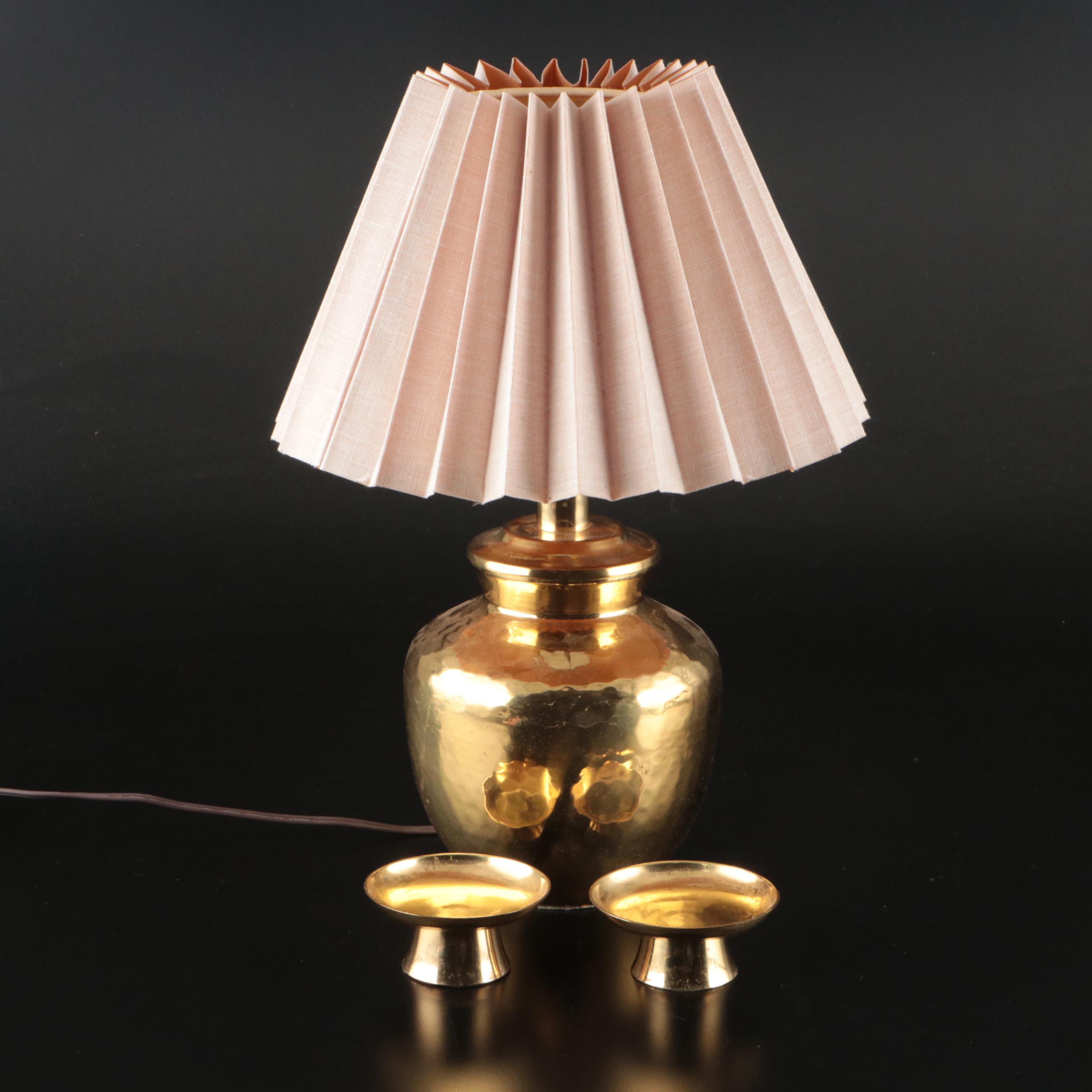 Hammered Brass Table Lamp with Brass Candle Holders