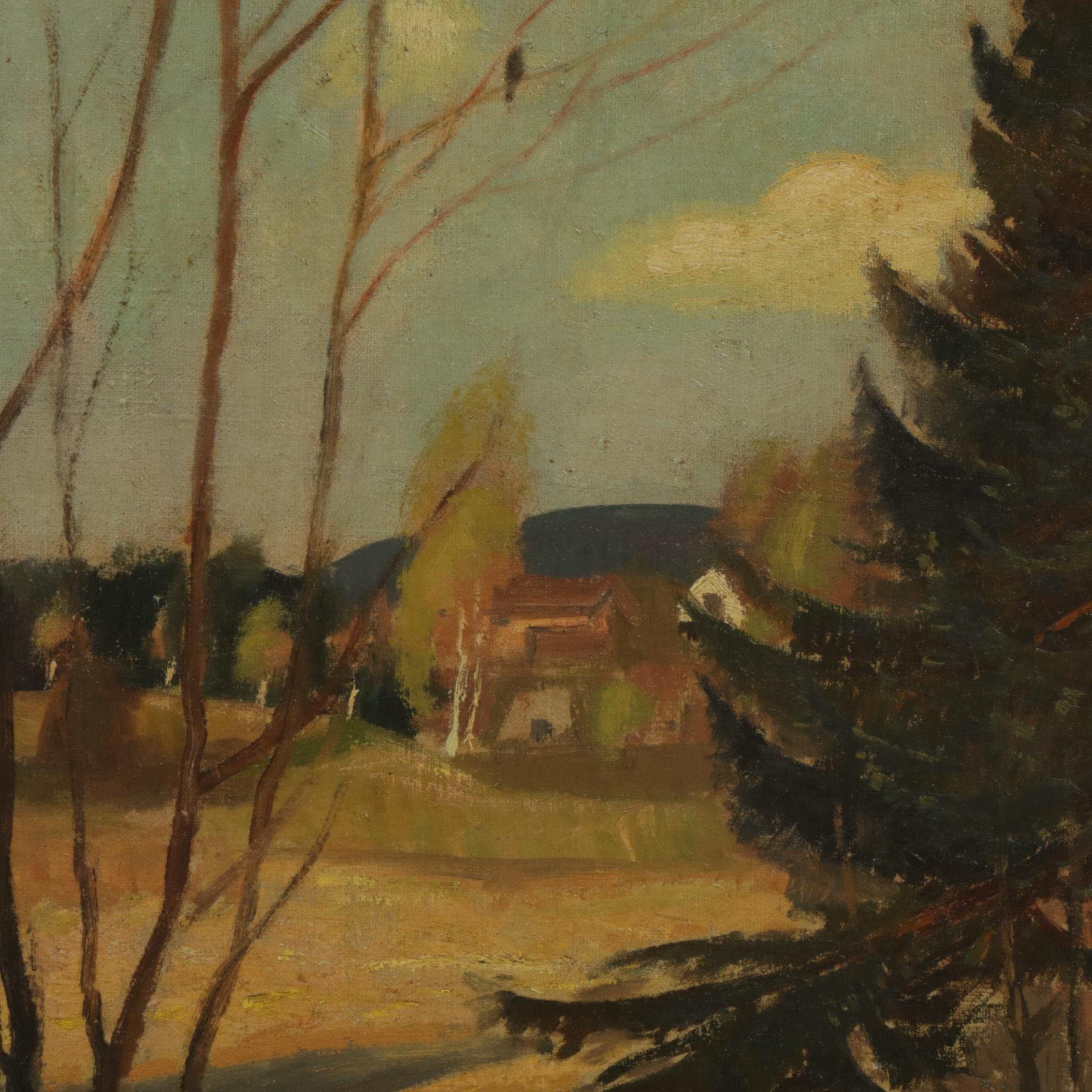 Pastoral Oil Painting Landscape of a Stream Winding Through Trees