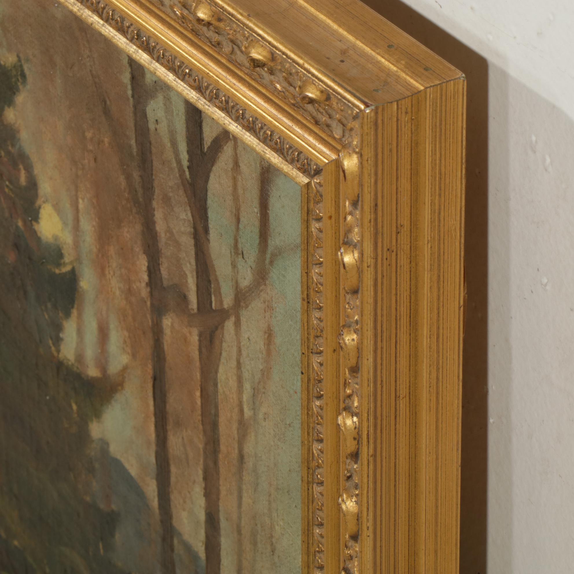 Pastoral Oil Painting Landscape of a Stream Winding Through Trees