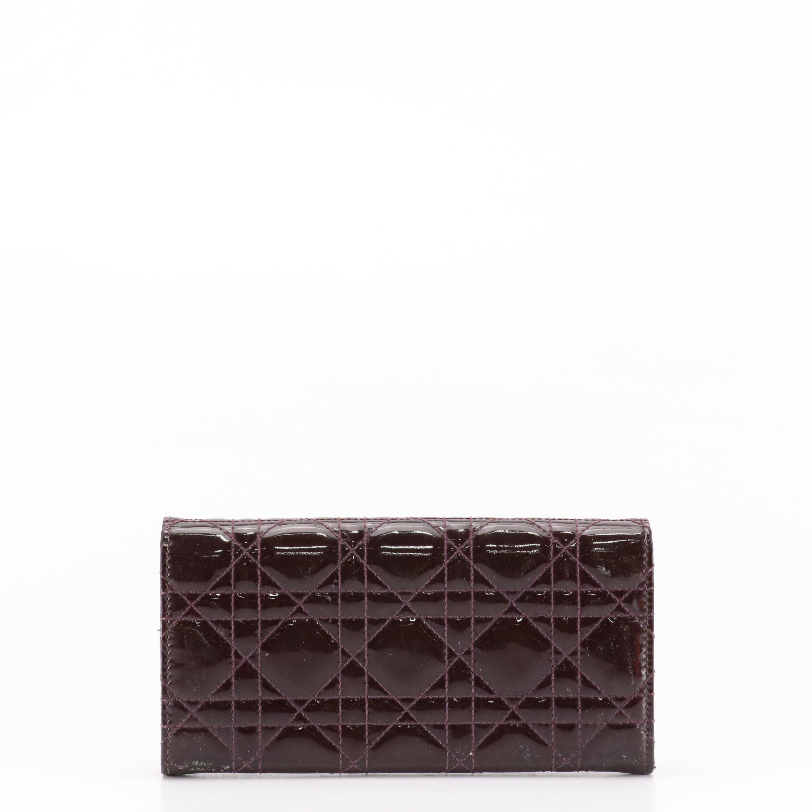 Christian Dior Long Flap Wallet in Deep Plum Cannage Quilted Patent Leather