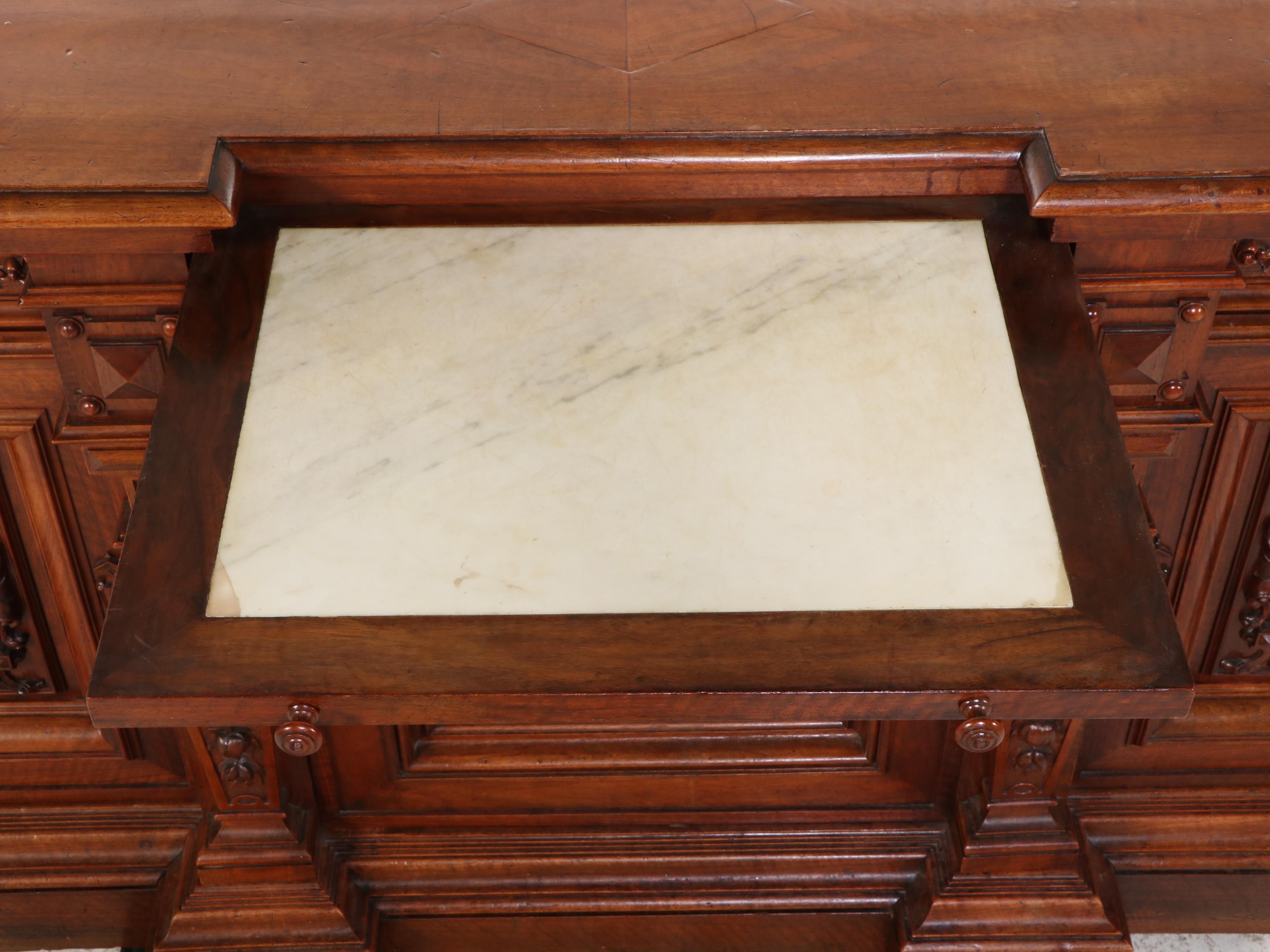 Italian Renaissance Revival Walnut Court Cupboard with Marble Draw Leaves