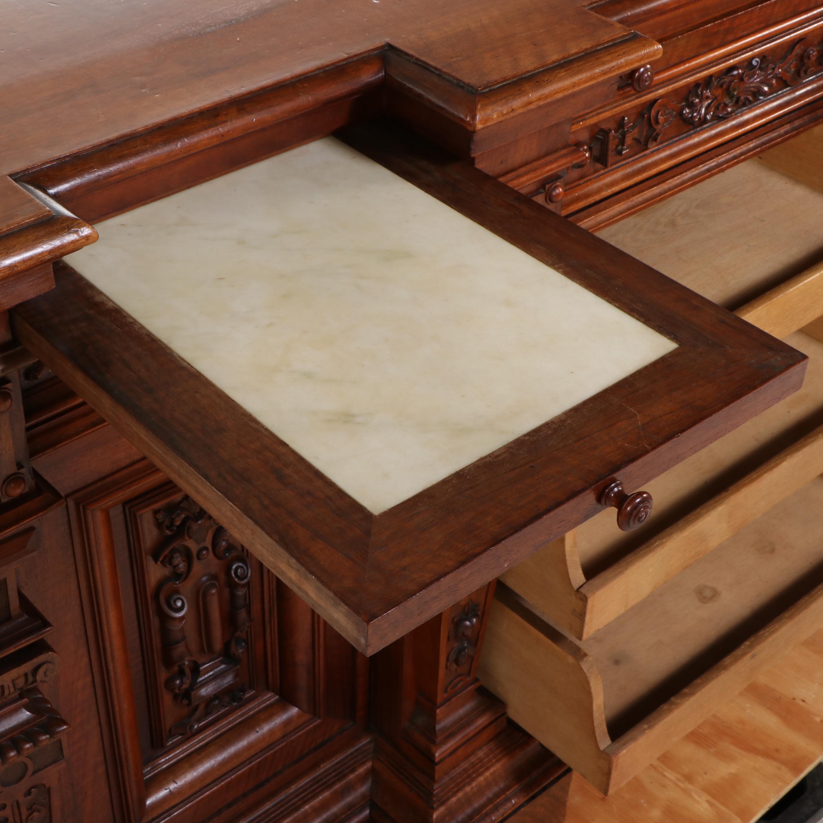 Italian Renaissance Revival Walnut Court Cupboard with Marble Draw Leaves