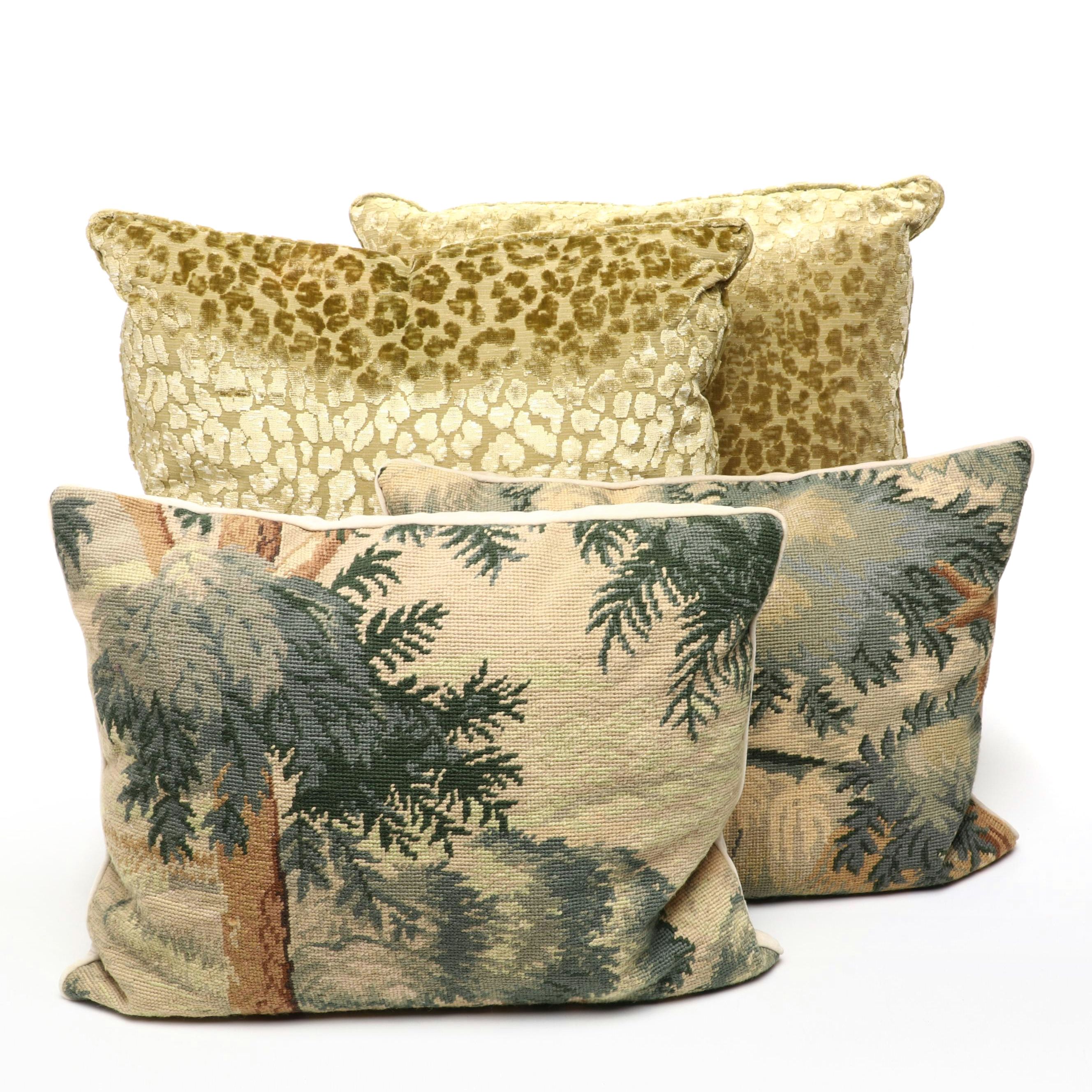 Throw Pillows with Gold Cheetah Print and Needlepoint Landscape Pillows