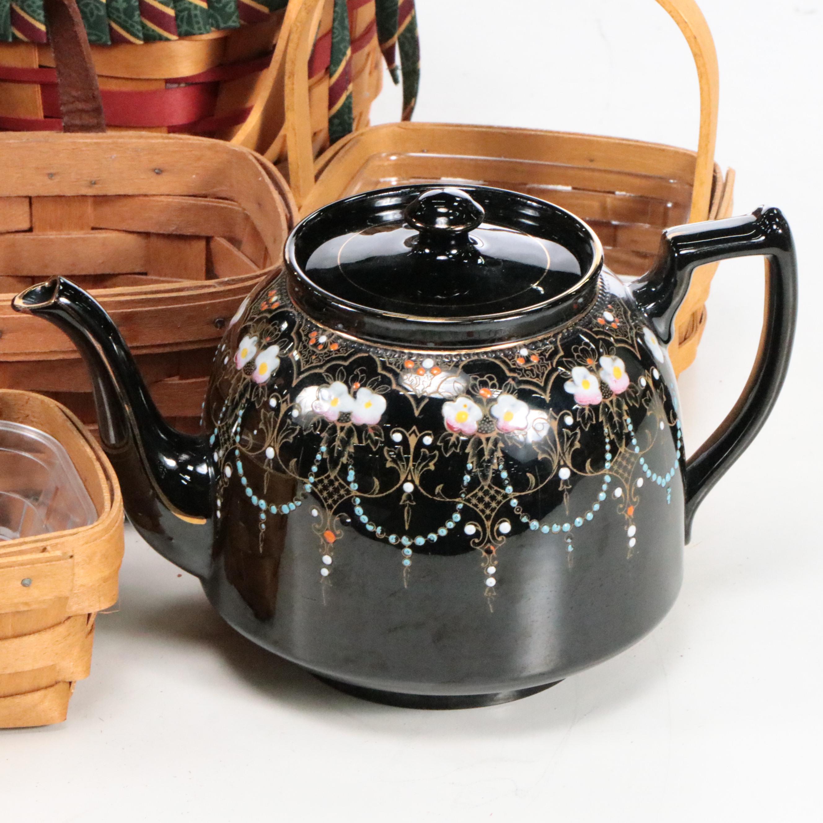 Longaberger and Other Woven Baskets with S. Johnson Ceramic Teapot