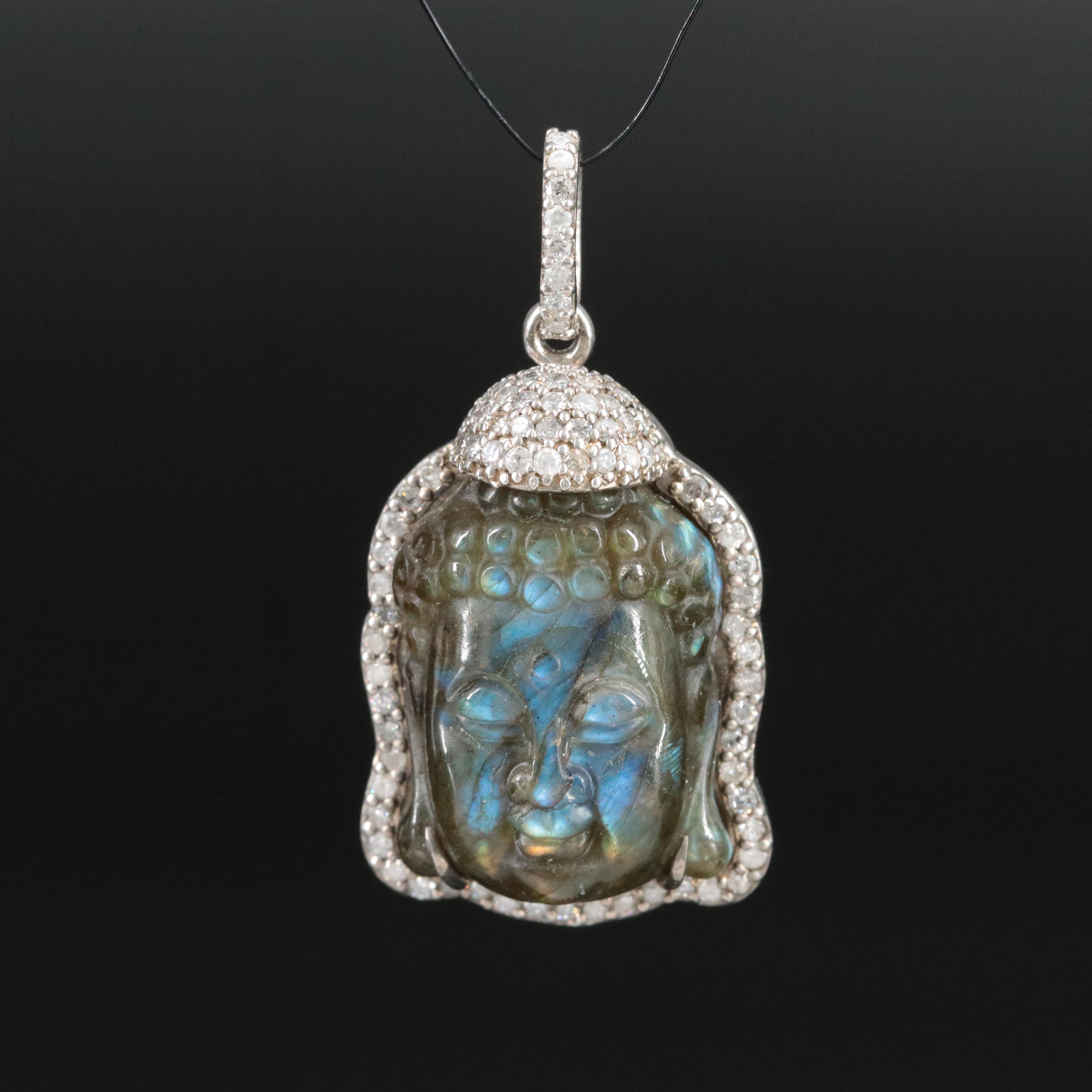 Sterling Diamond and Carved Labradorite Buddha Head Pendant