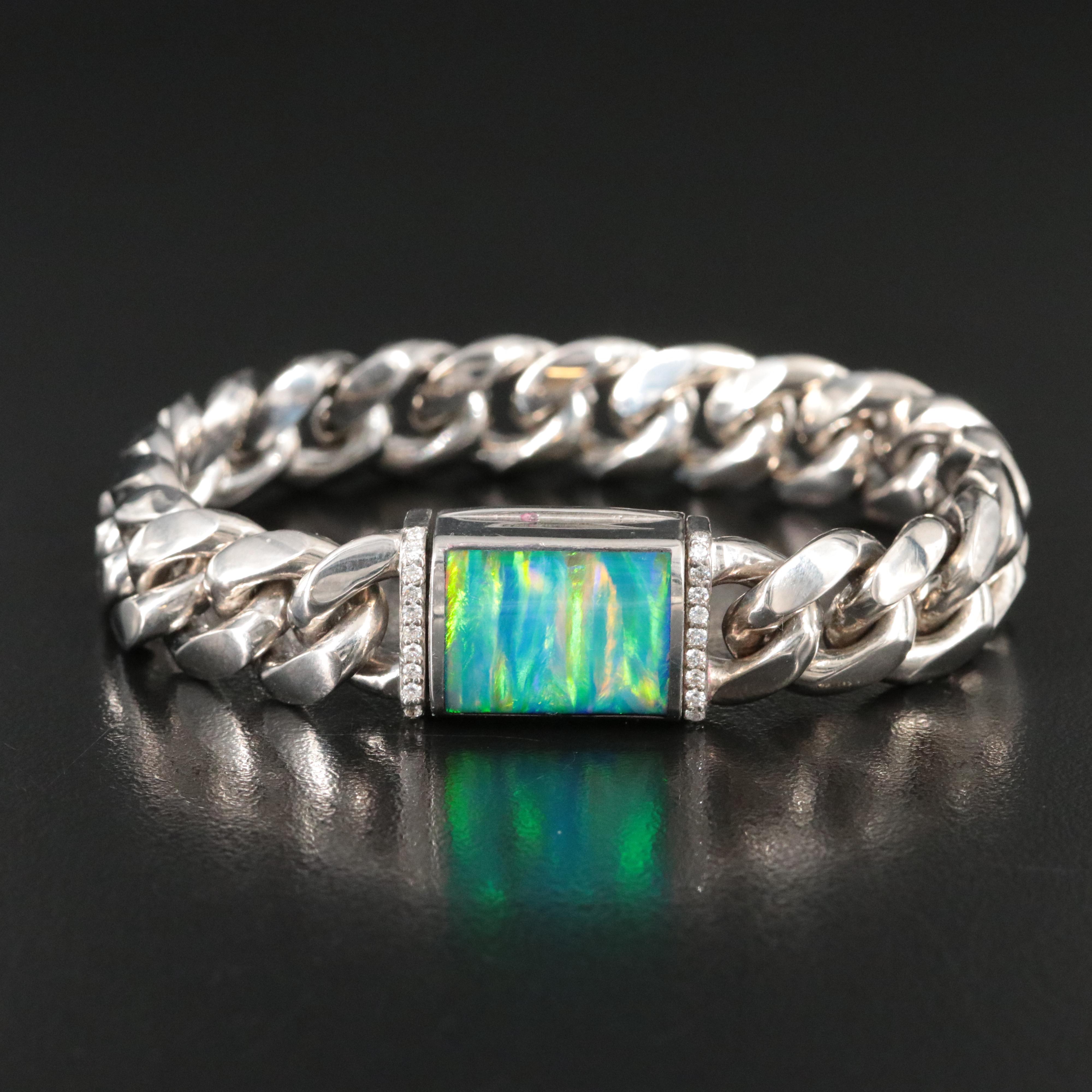 Sterling Opal and Diamond Curb Chain Link Bracelet