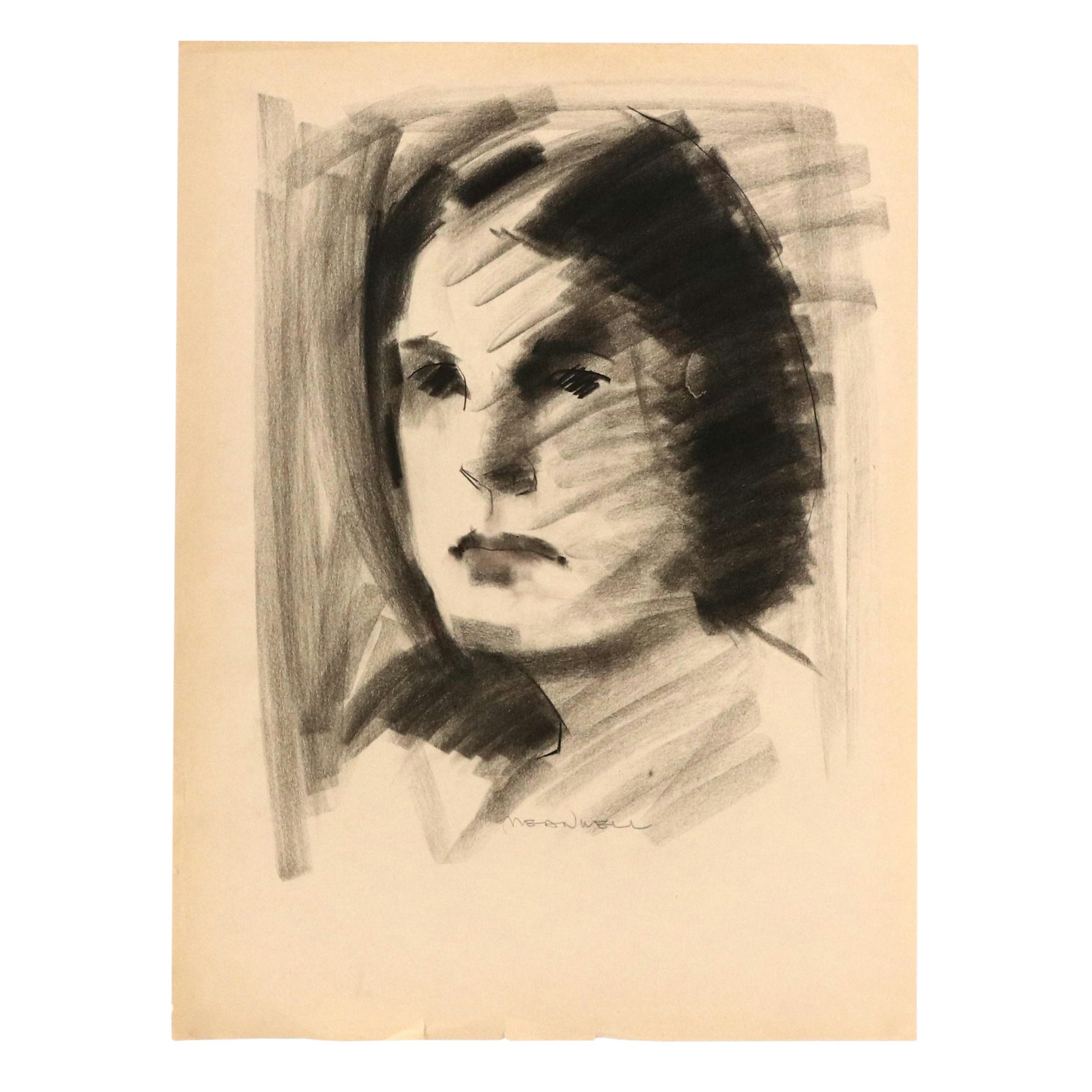 Jack Meanwell Portrait Charcoal Drawing, Late 20th Century