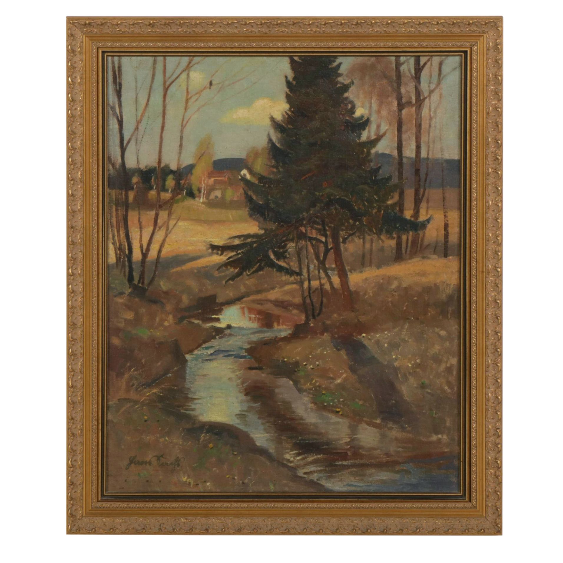 Pastoral Oil Painting Landscape of a Stream Winding Through Trees