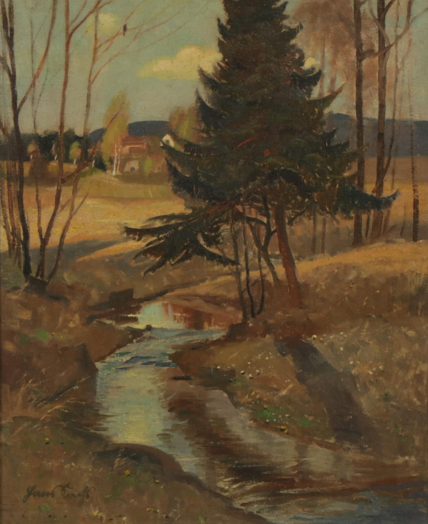 Pastoral Oil Painting Landscape of a Stream Winding Through Trees