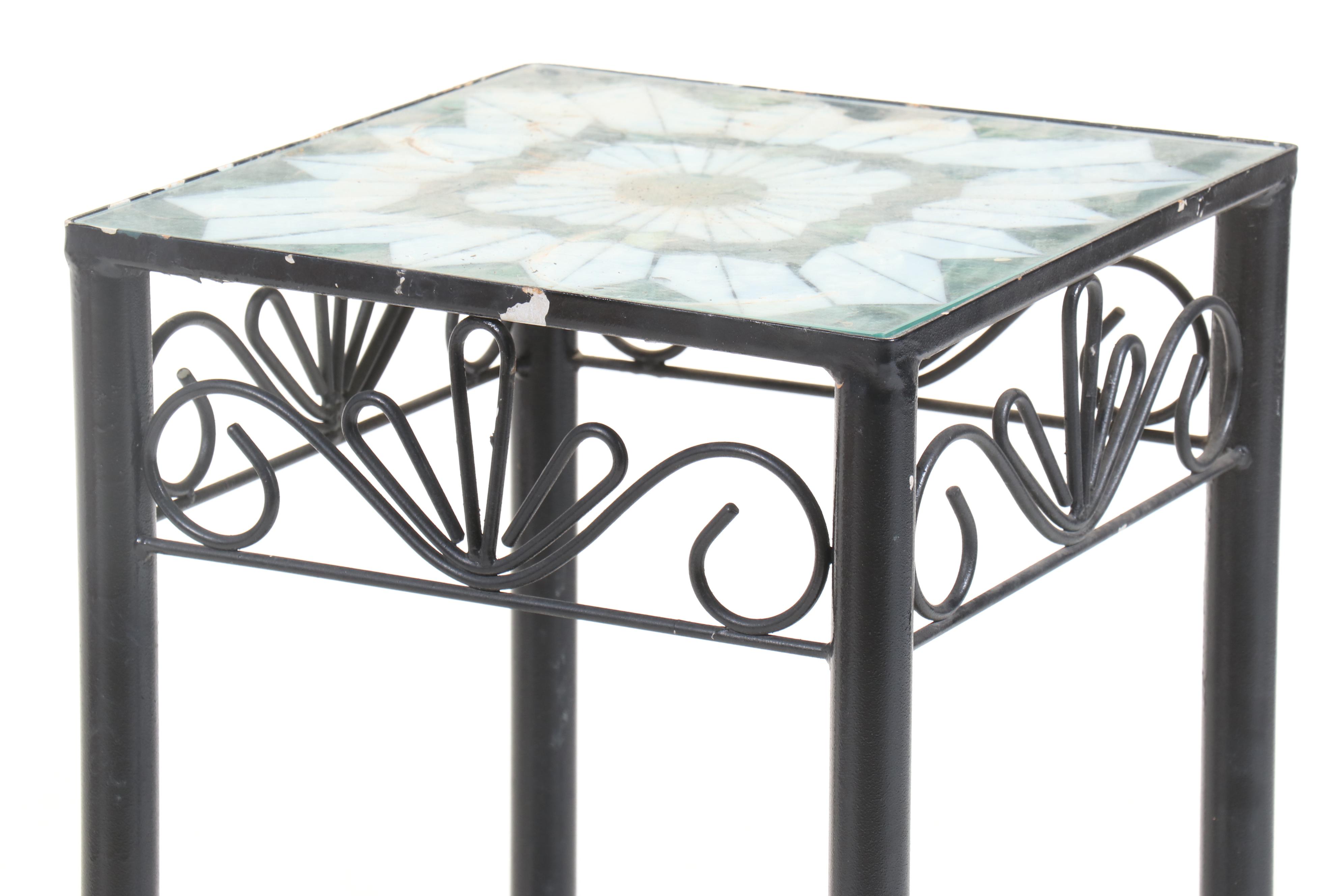 Scrolled Iron Patio Plant Stand with Slag Glass Top