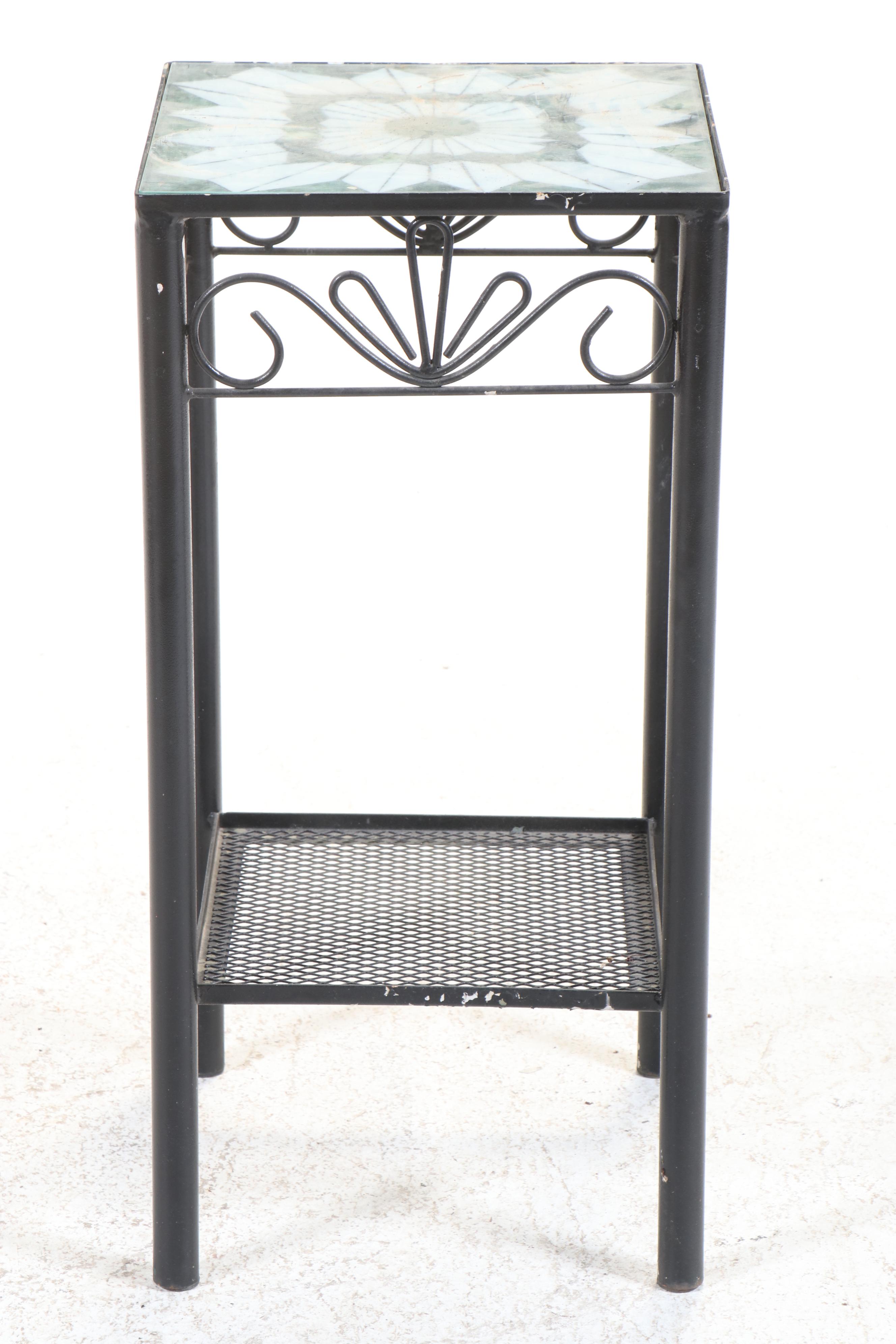 Scrolled Iron Patio Plant Stand with Slag Glass Top