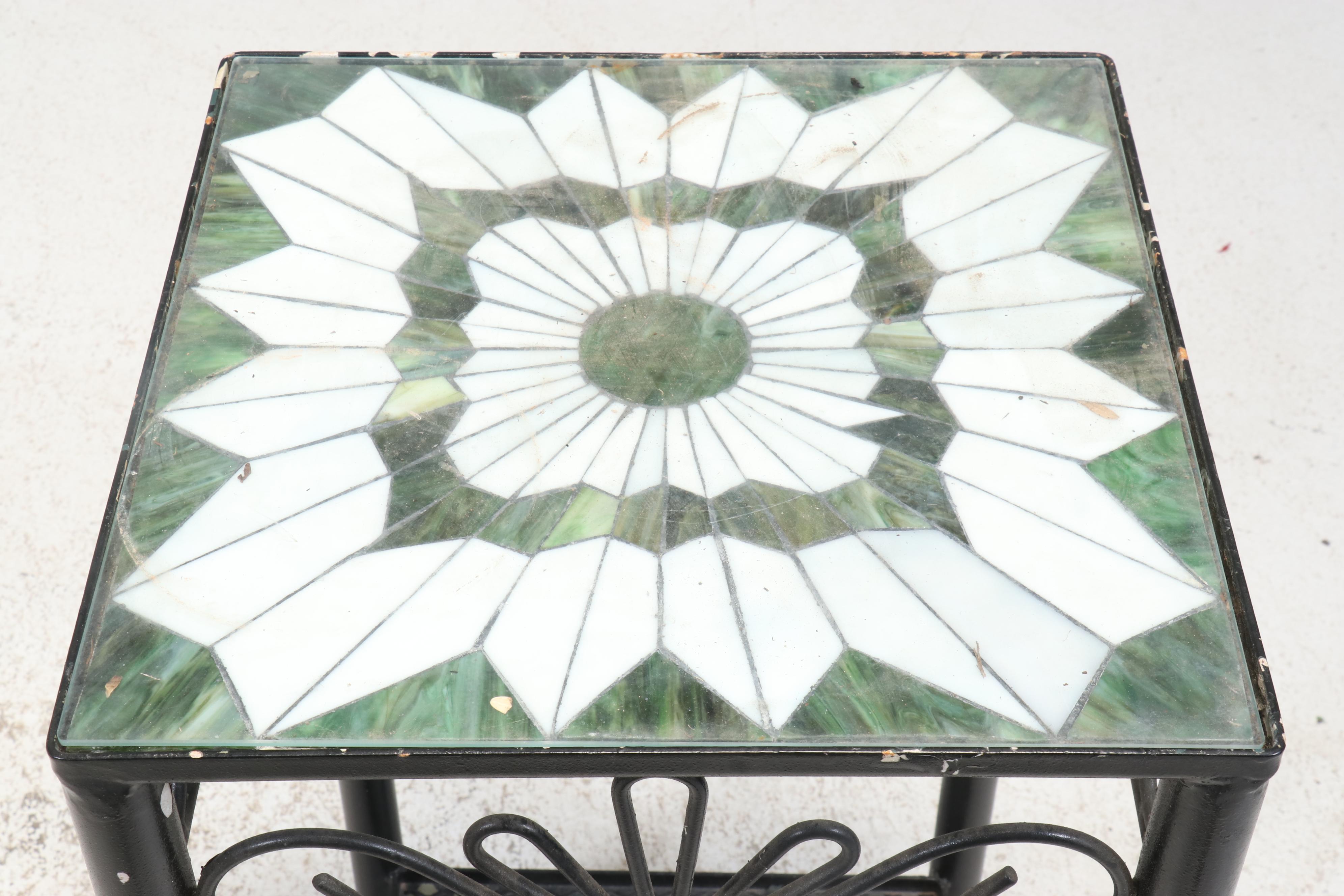 Scrolled Iron Patio Plant Stand with Slag Glass Top