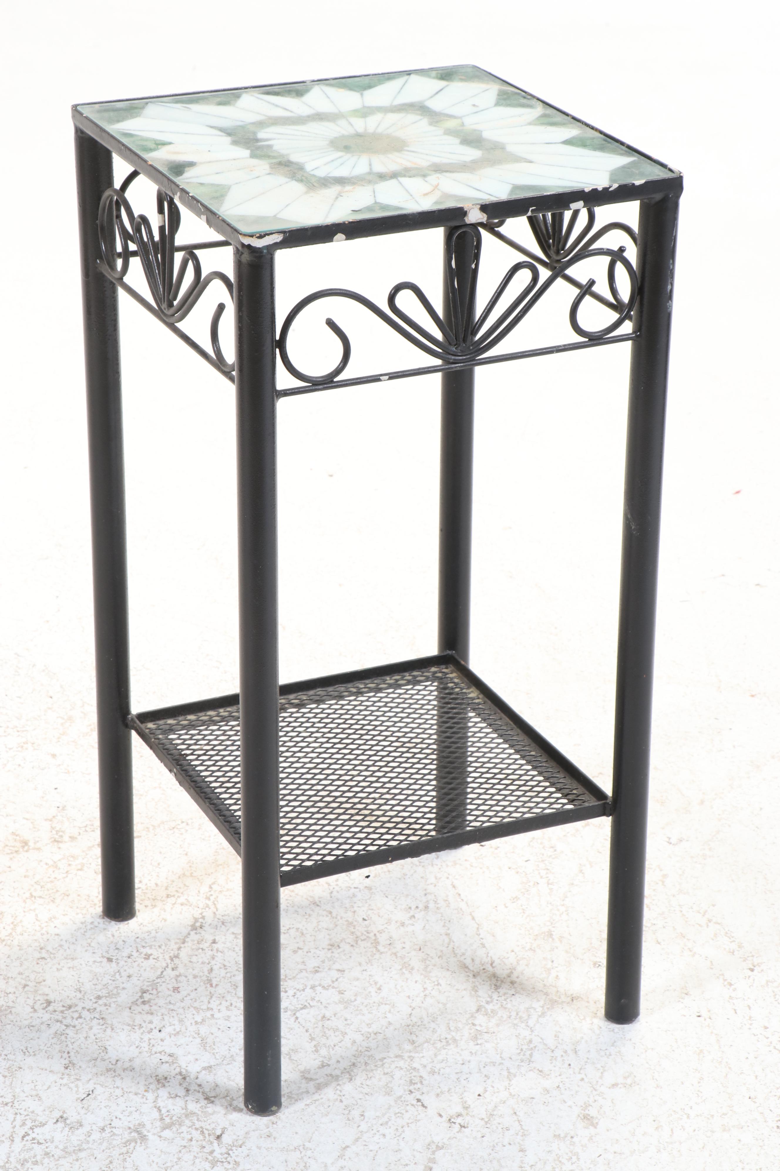 Scrolled Iron Patio Plant Stand with Slag Glass Top