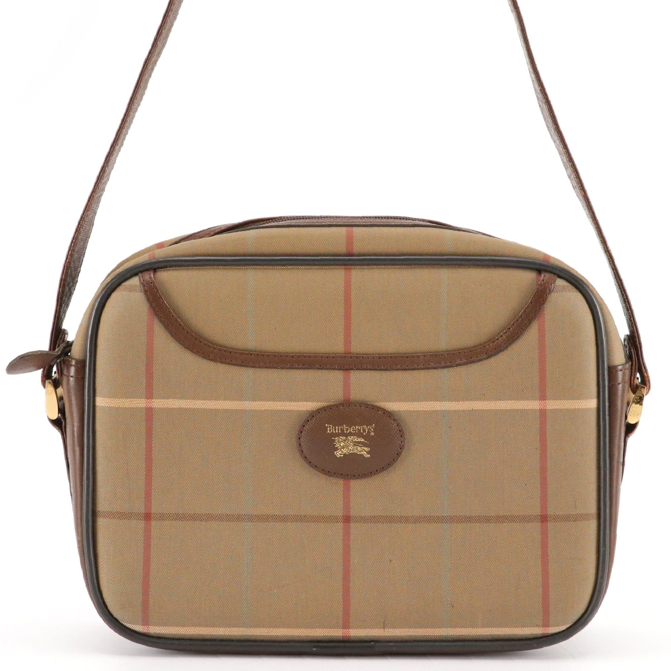 Burberrys Shoulder Bag in Plaid Canvas with Leather Trim