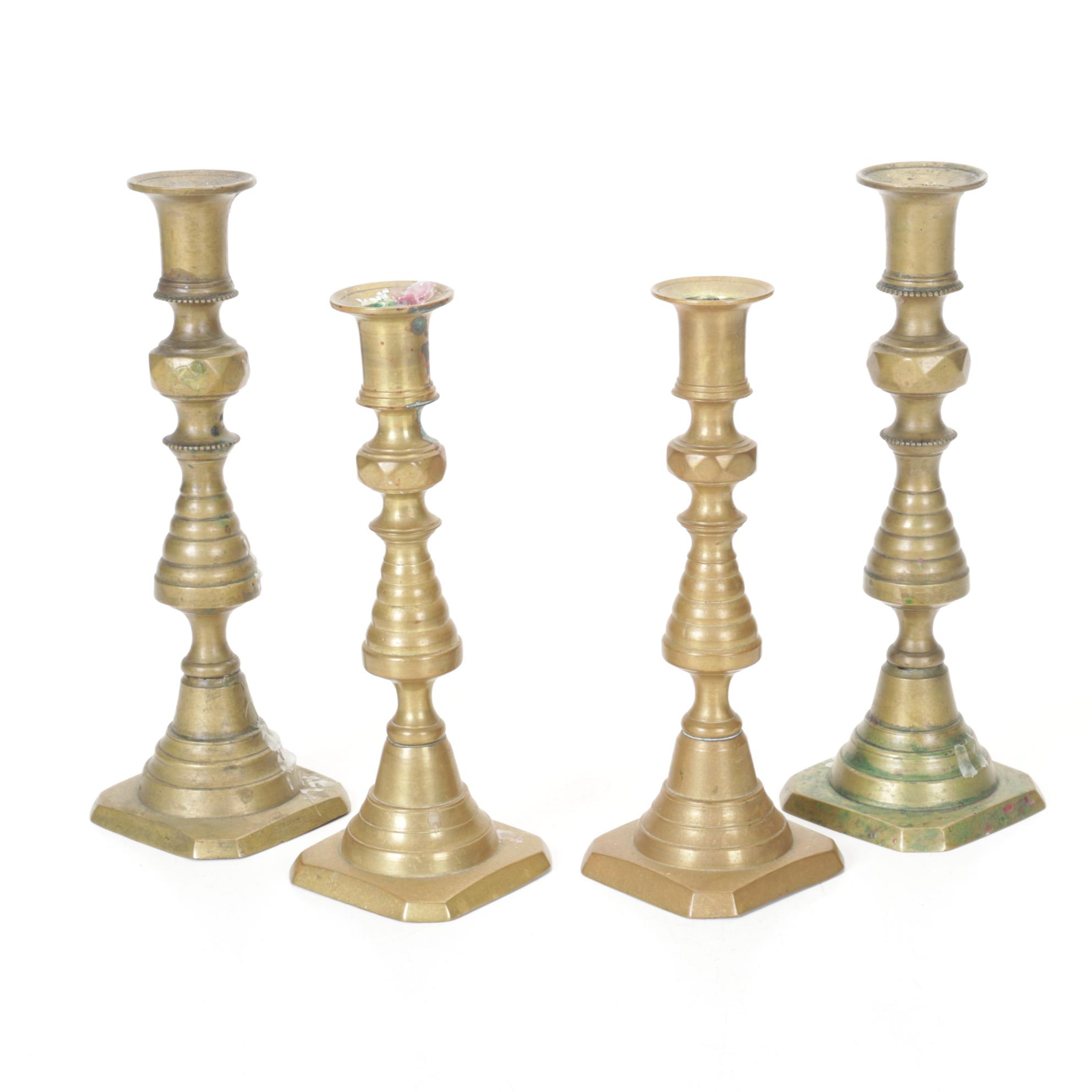 English Victorian Brass Beehive and Diamond Push-Up Candlesticks, 19th Century