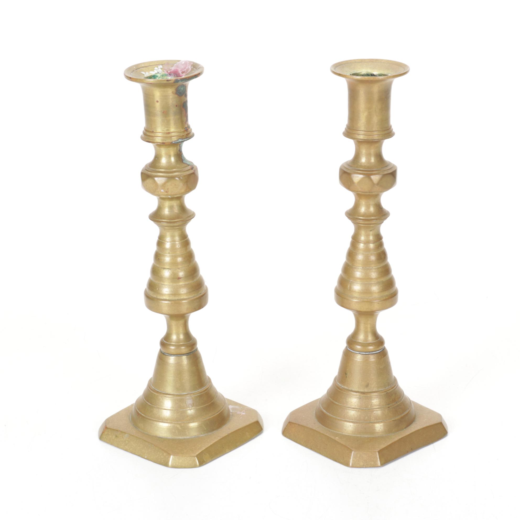 English Victorian Brass Beehive and Diamond Push-Up Candlesticks, 19th Century