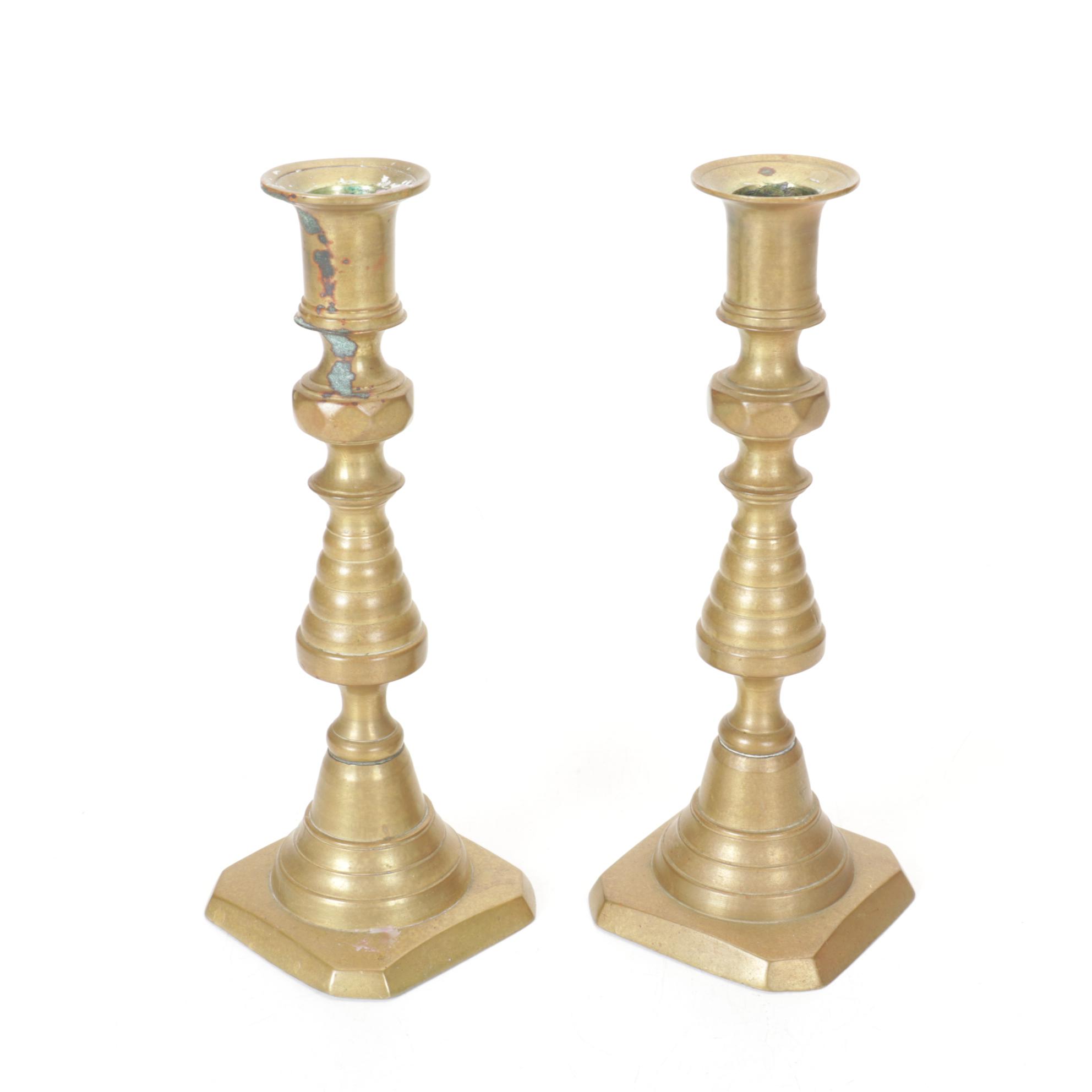 English Victorian Brass Beehive and Diamond Push-Up Candlesticks, 19th Century