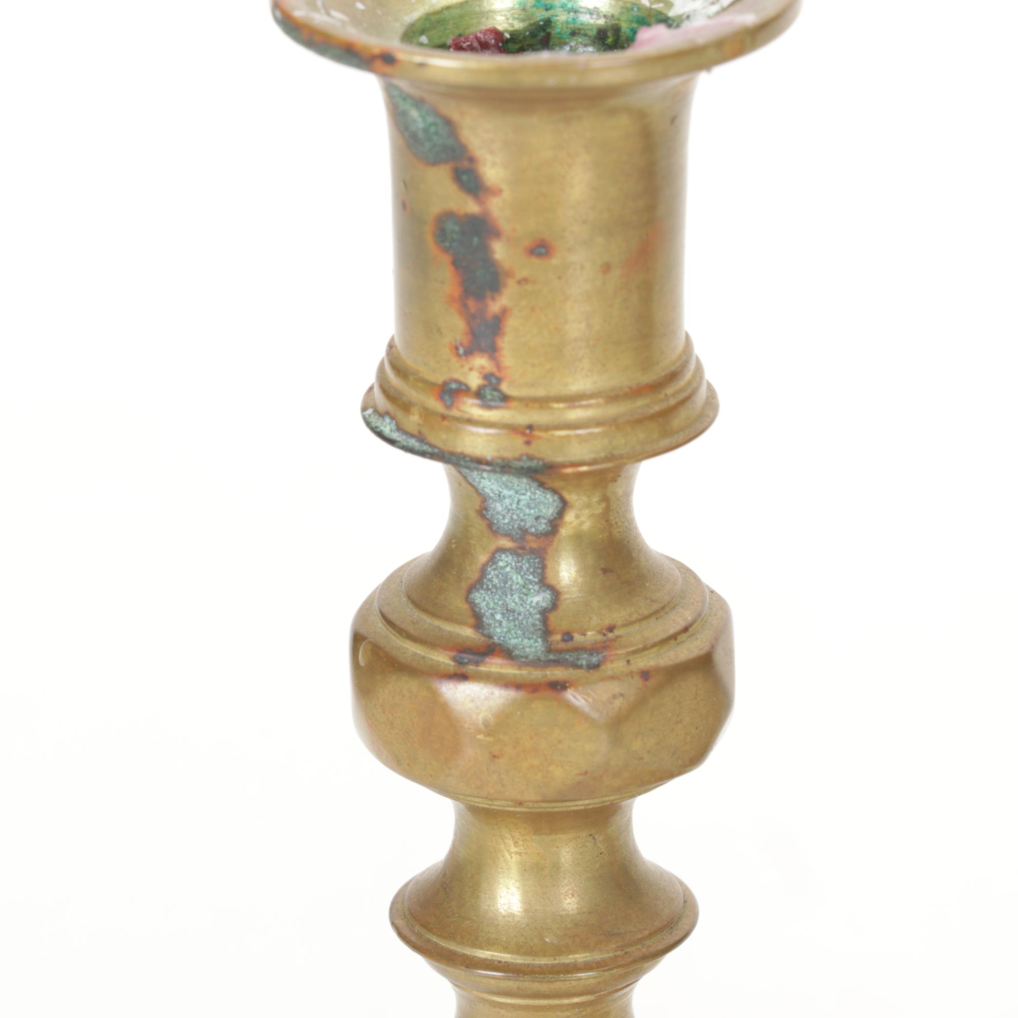 English Victorian Brass Beehive and Diamond Push-Up Candlesticks, 19th Century