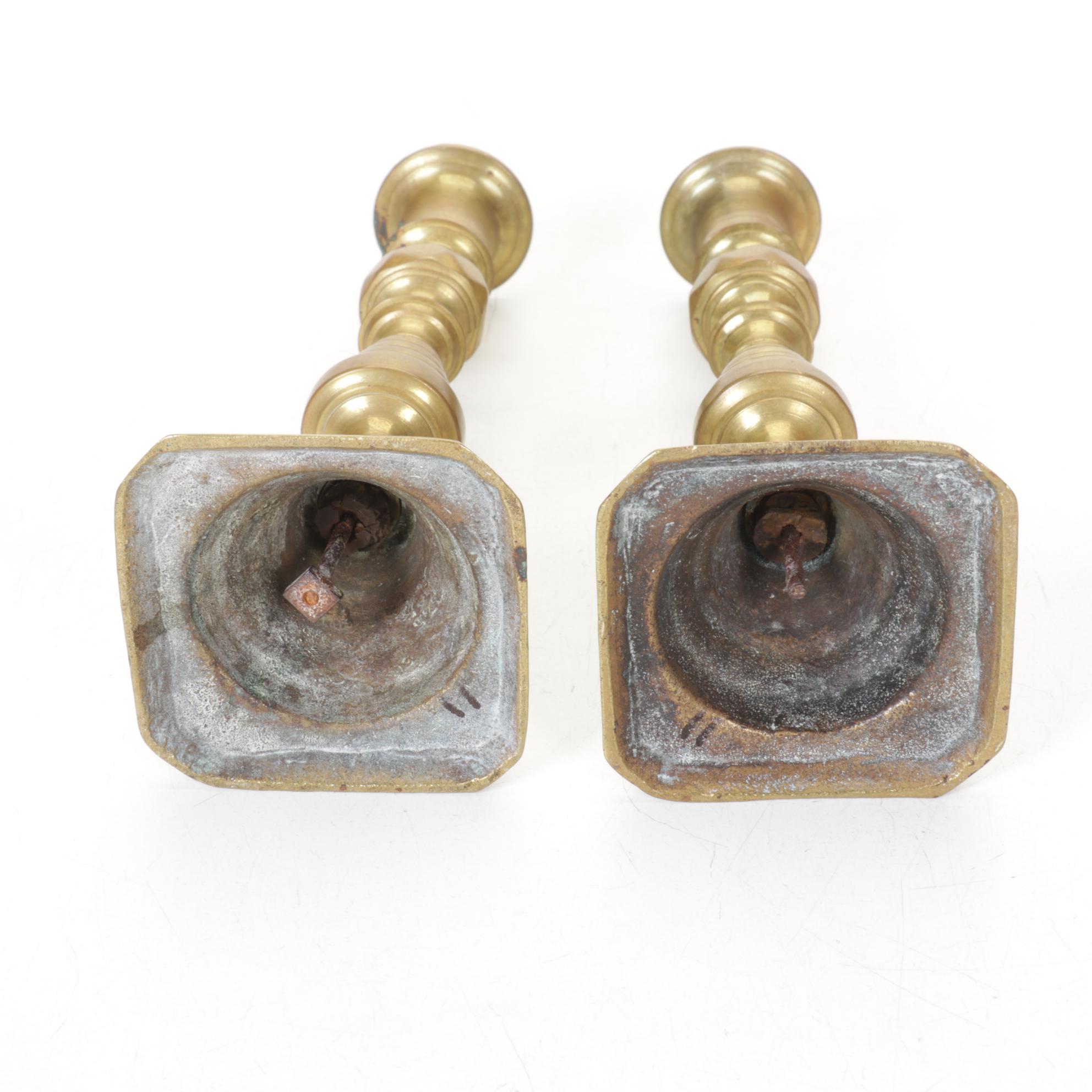 English Victorian Brass Beehive and Diamond Push-Up Candlesticks, 19th Century