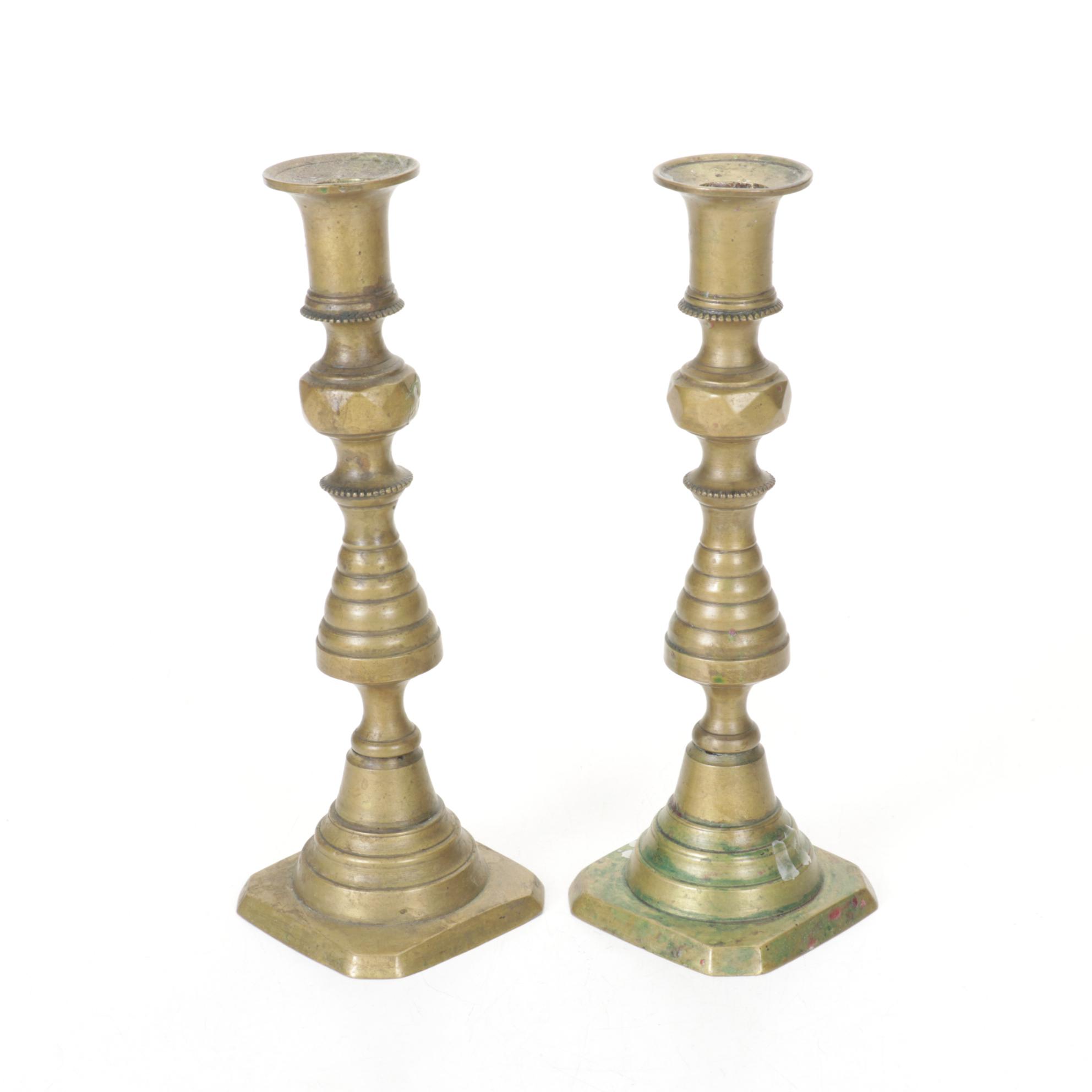 English Victorian Brass Beehive and Diamond Push-Up Candlesticks, 19th Century