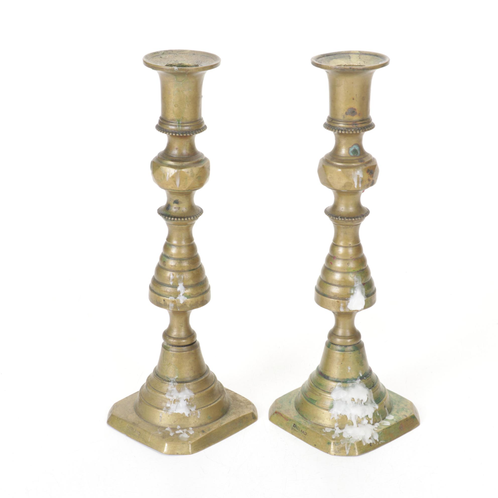 English Victorian Brass Beehive and Diamond Push-Up Candlesticks, 19th Century