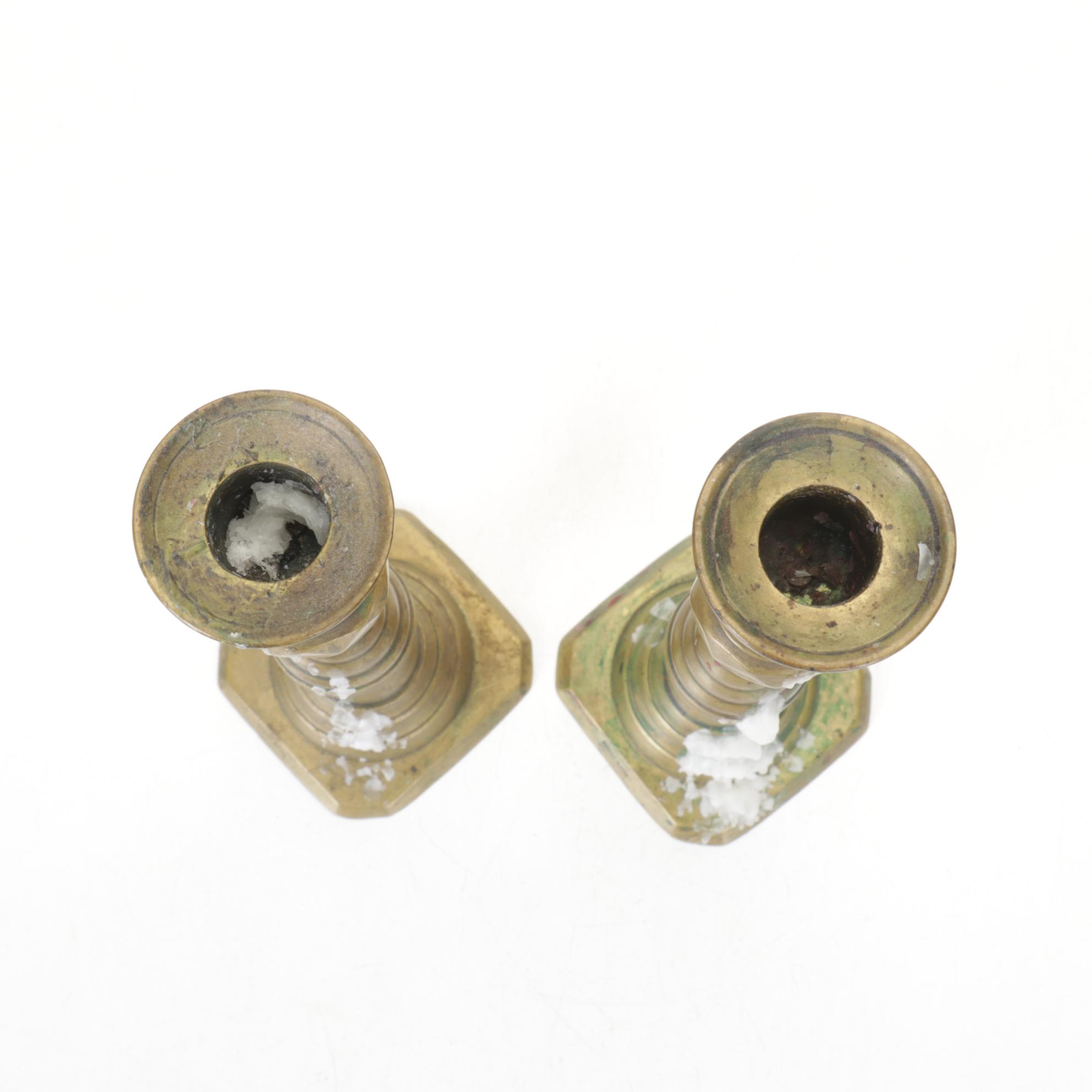 English Victorian Brass Beehive and Diamond Push-Up Candlesticks, 19th Century