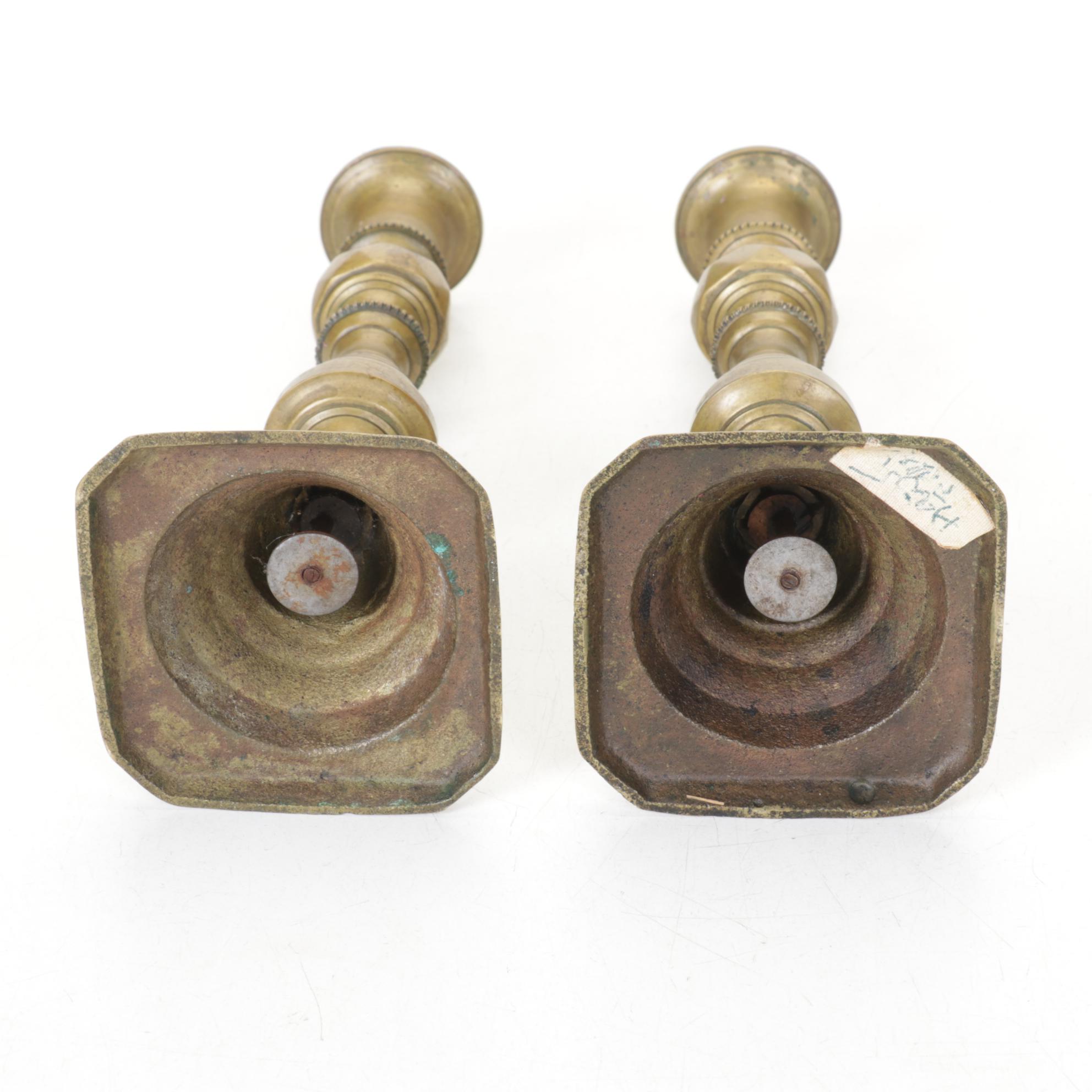 English Victorian Brass Beehive and Diamond Push-Up Candlesticks, 19th Century