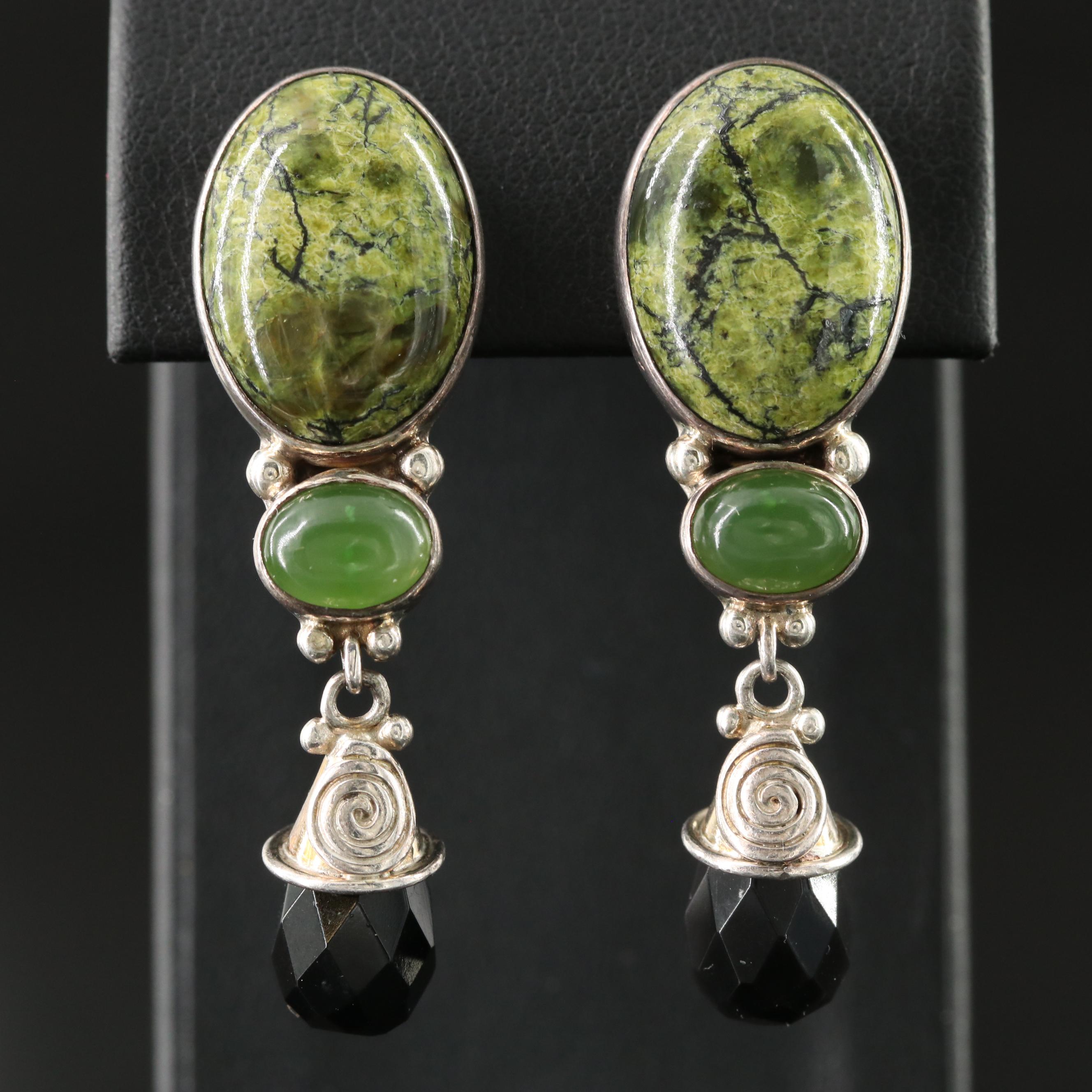 Sajen Sterling Common Opal, Nephrite and Black Onyx Drop Earrings