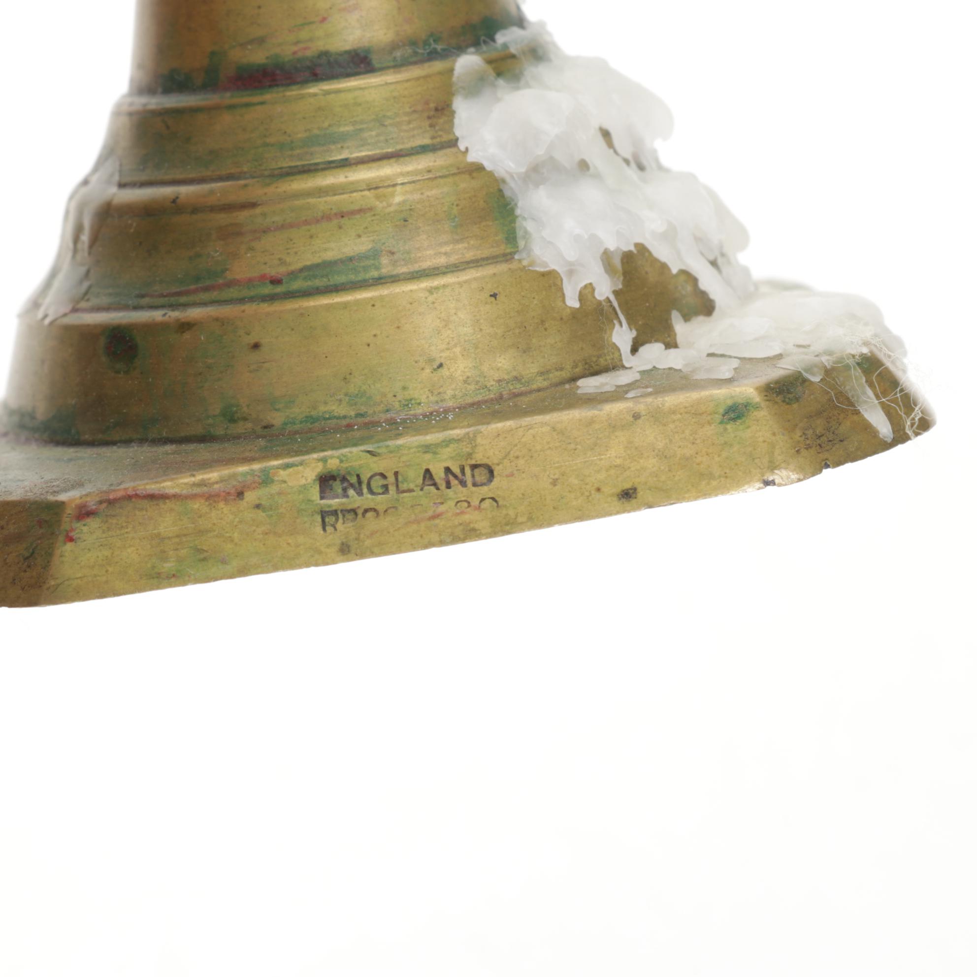 English Victorian Brass Beehive and Diamond Push-Up Candlesticks, 19th Century