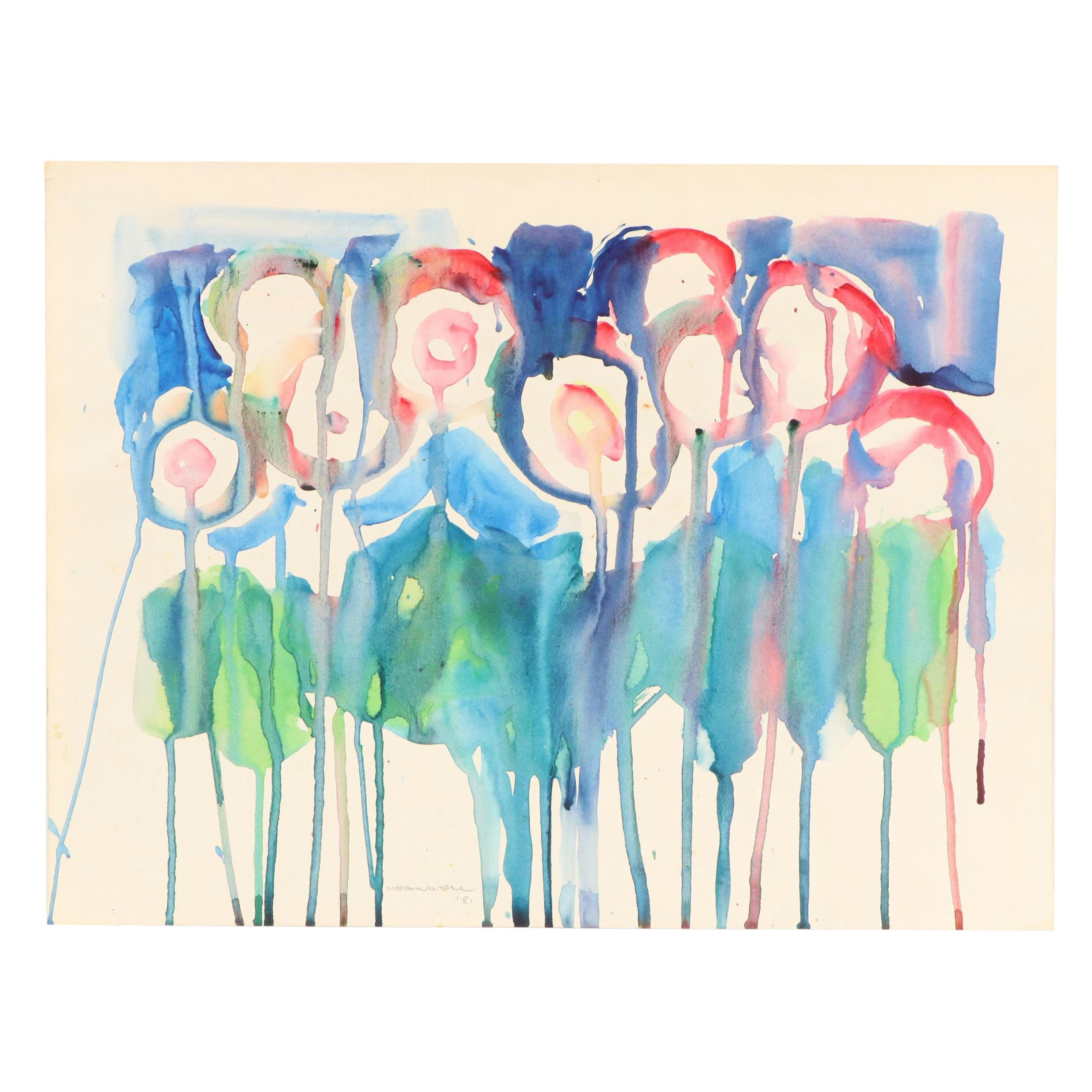 Jack Meanwell Stylized Floral Watercolor Painting, 1981