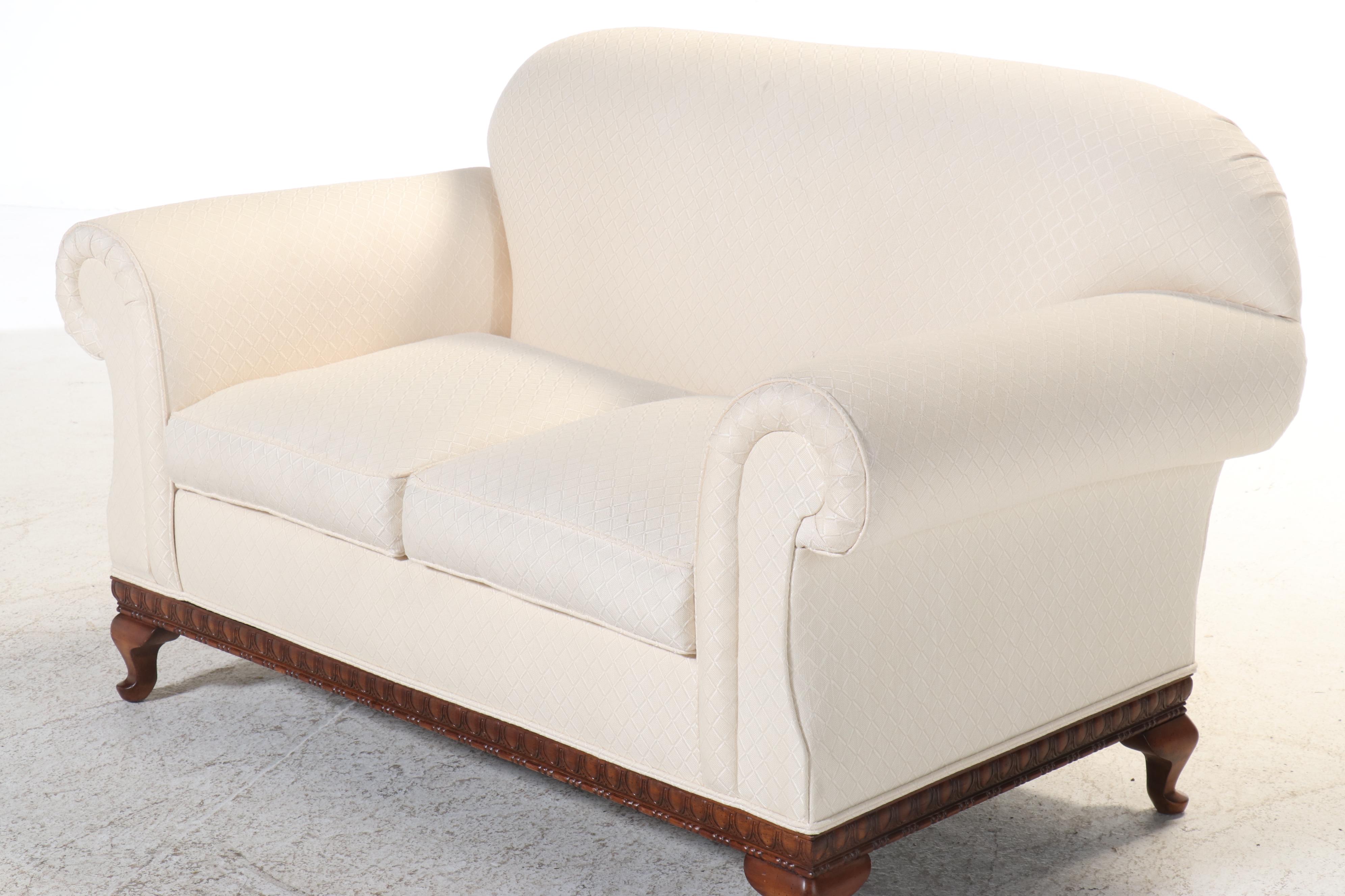 Lillian August for Drexel-Heritage Cream Fabric Upholstered Roll-Arm Loveseat