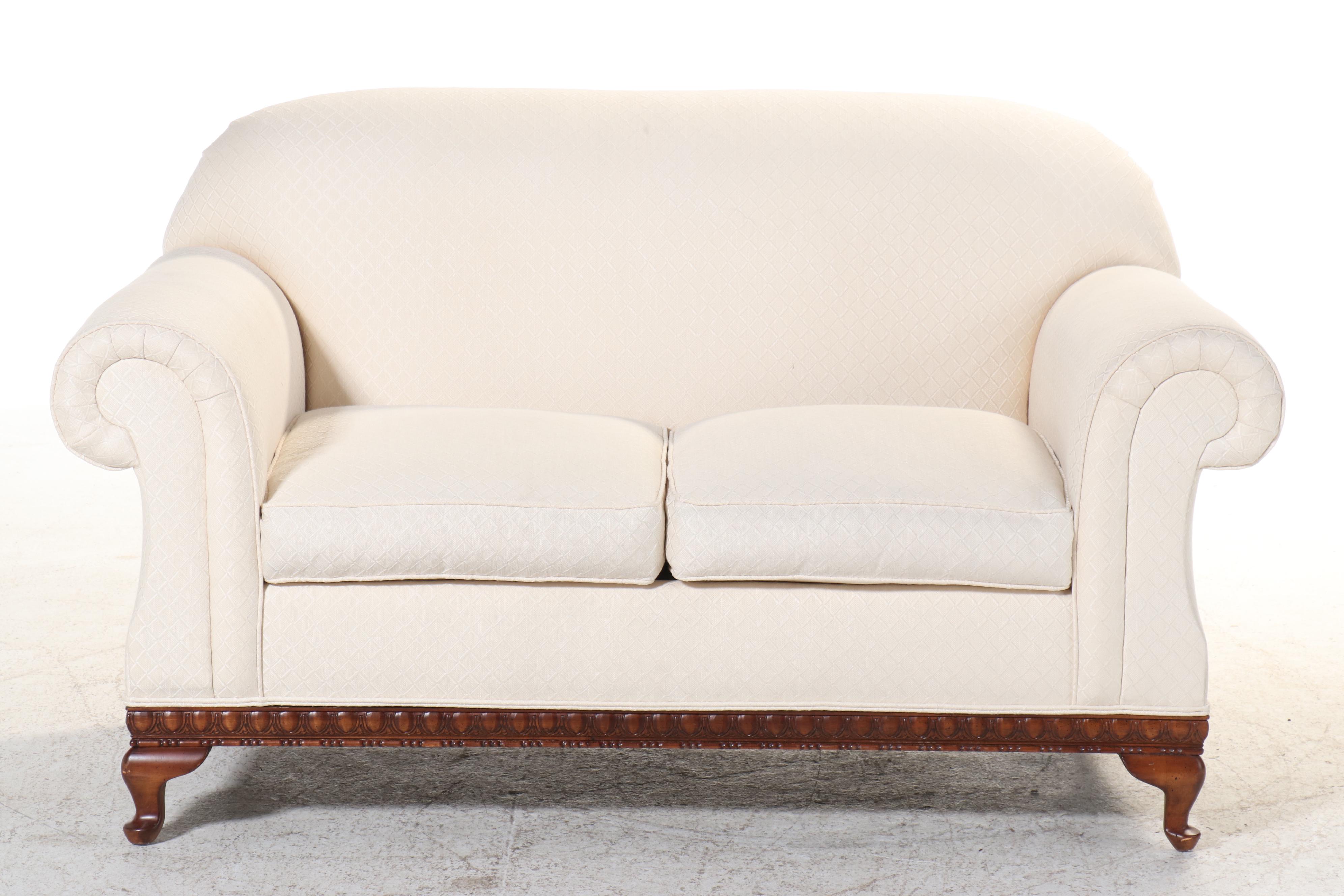 Lillian August for Drexel-Heritage Cream Fabric Upholstered Roll-Arm Loveseat