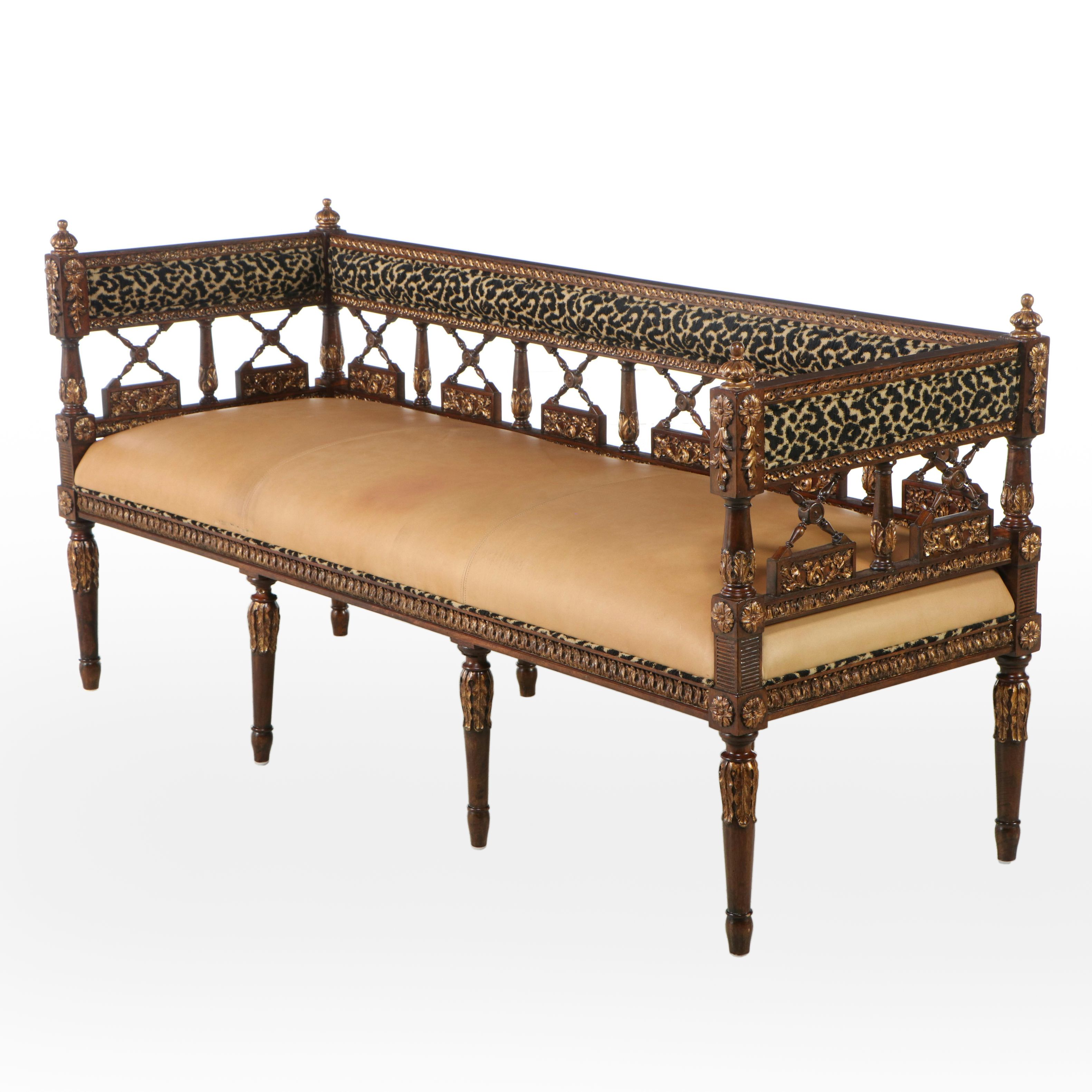 Maitland-Smith Anglo-Indian Style Parcel-Gilt Wood Leather Upholstered Settee