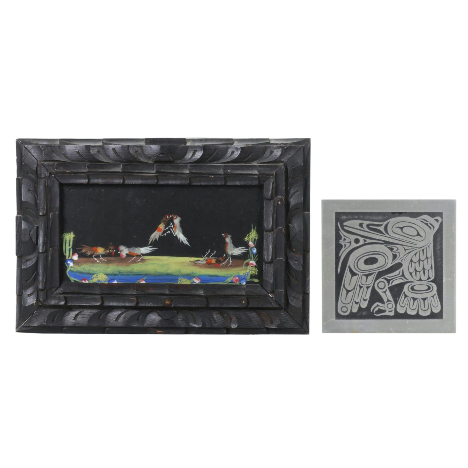 Feather Collage of Fighting Birds & Orchard Studio "Raven" Native American Tile