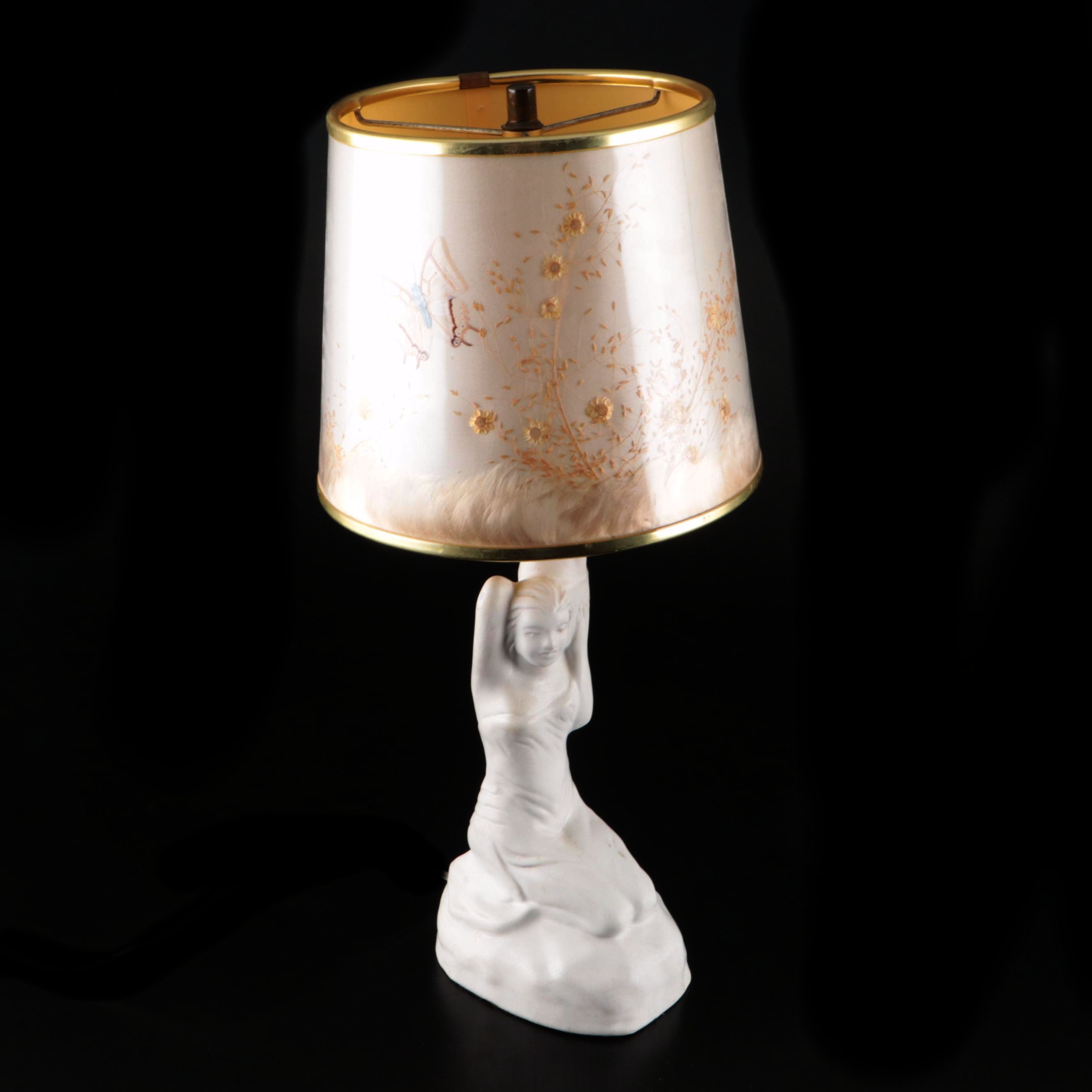 Van Briggle Pottery Figural Table Lamp with Butterfly & Dried Flower Shade