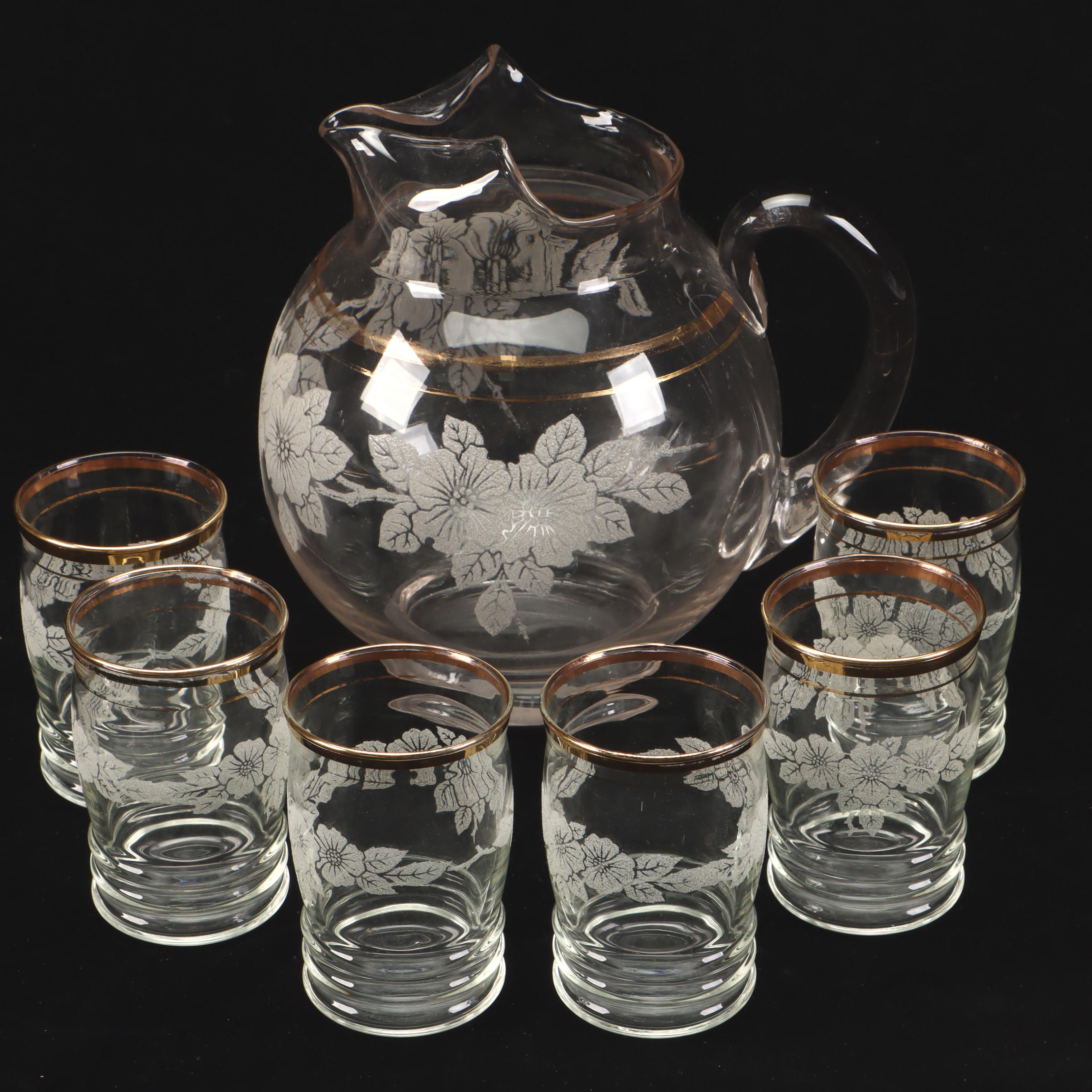 Floral Glass Pitcher with Glass Tumblers