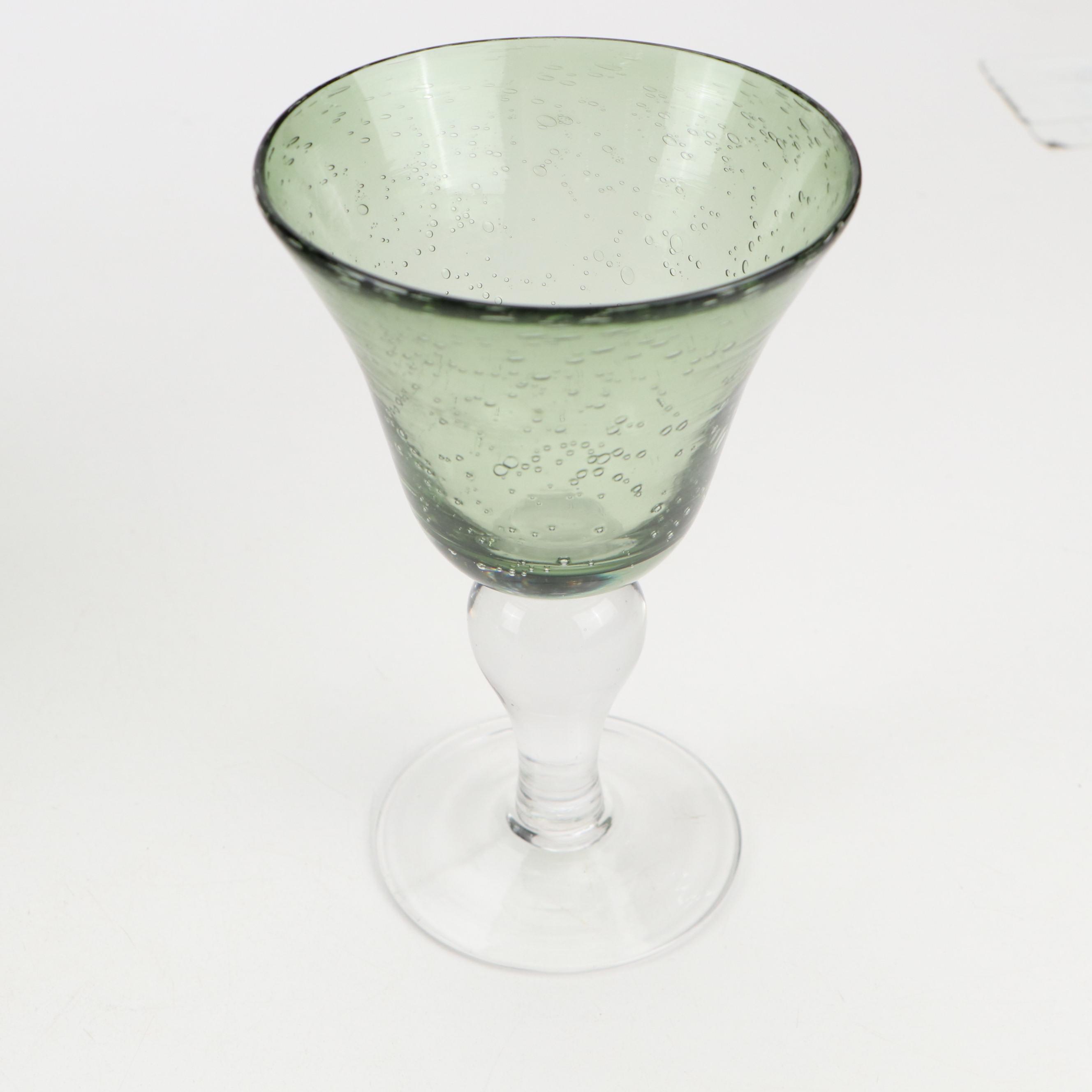 Green Suspended Bubble Glass Goblets with Clear Stems