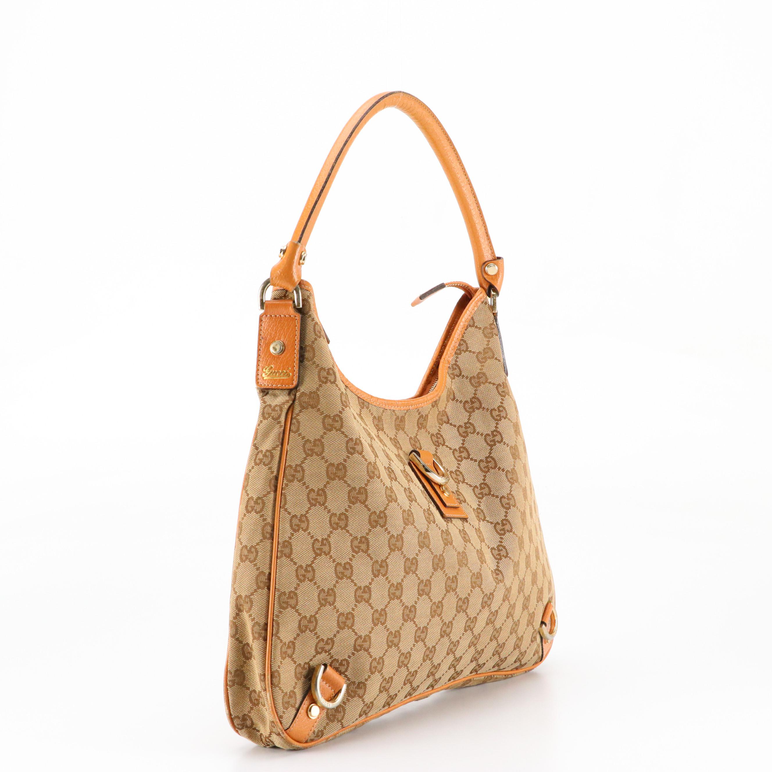 Gucci Abbey D-Ring Hobo Shoulder Bag in GG Canvas and Caramel Brown Leather