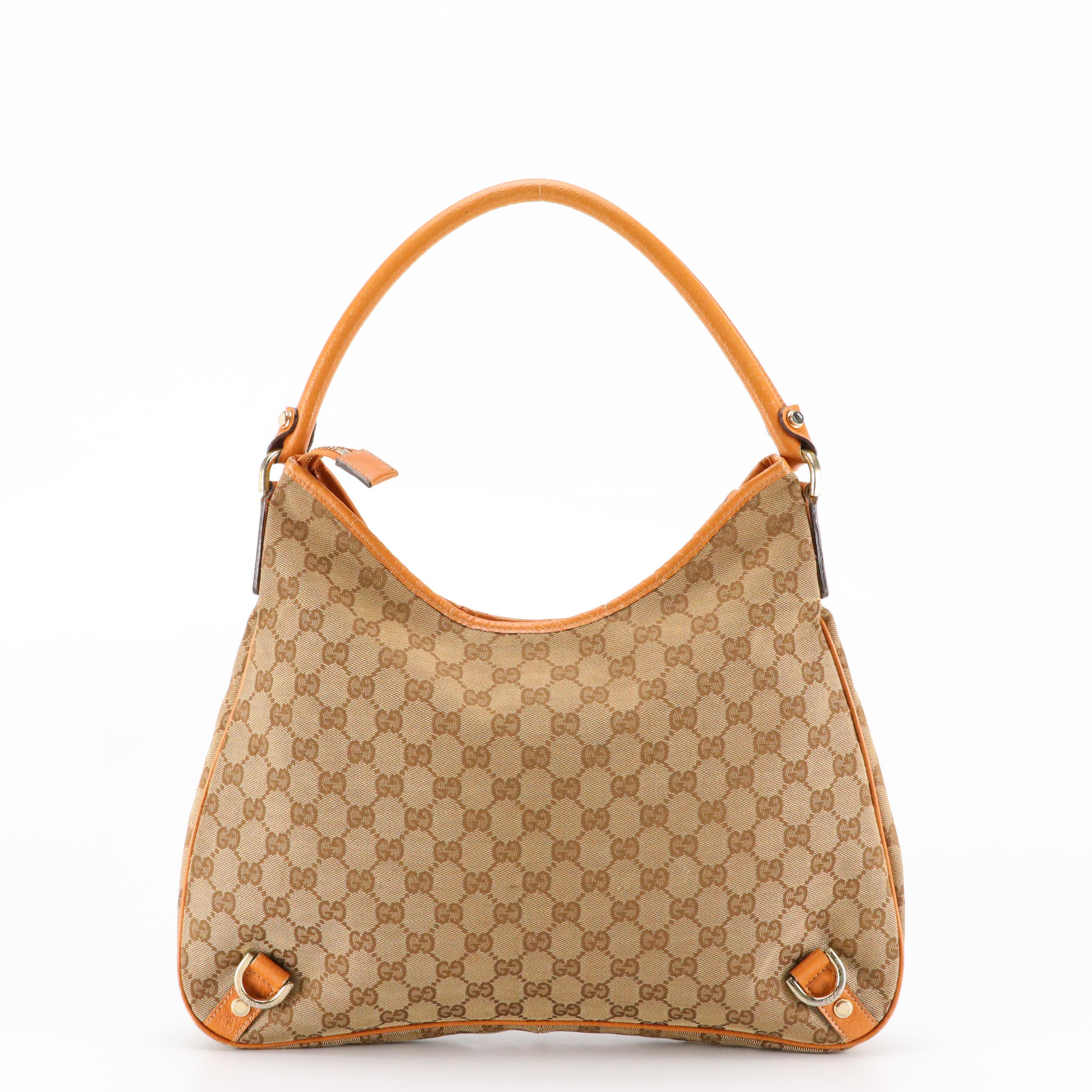 Gucci Abbey D-Ring Hobo Shoulder Bag in GG Canvas and Caramel Brown Leather