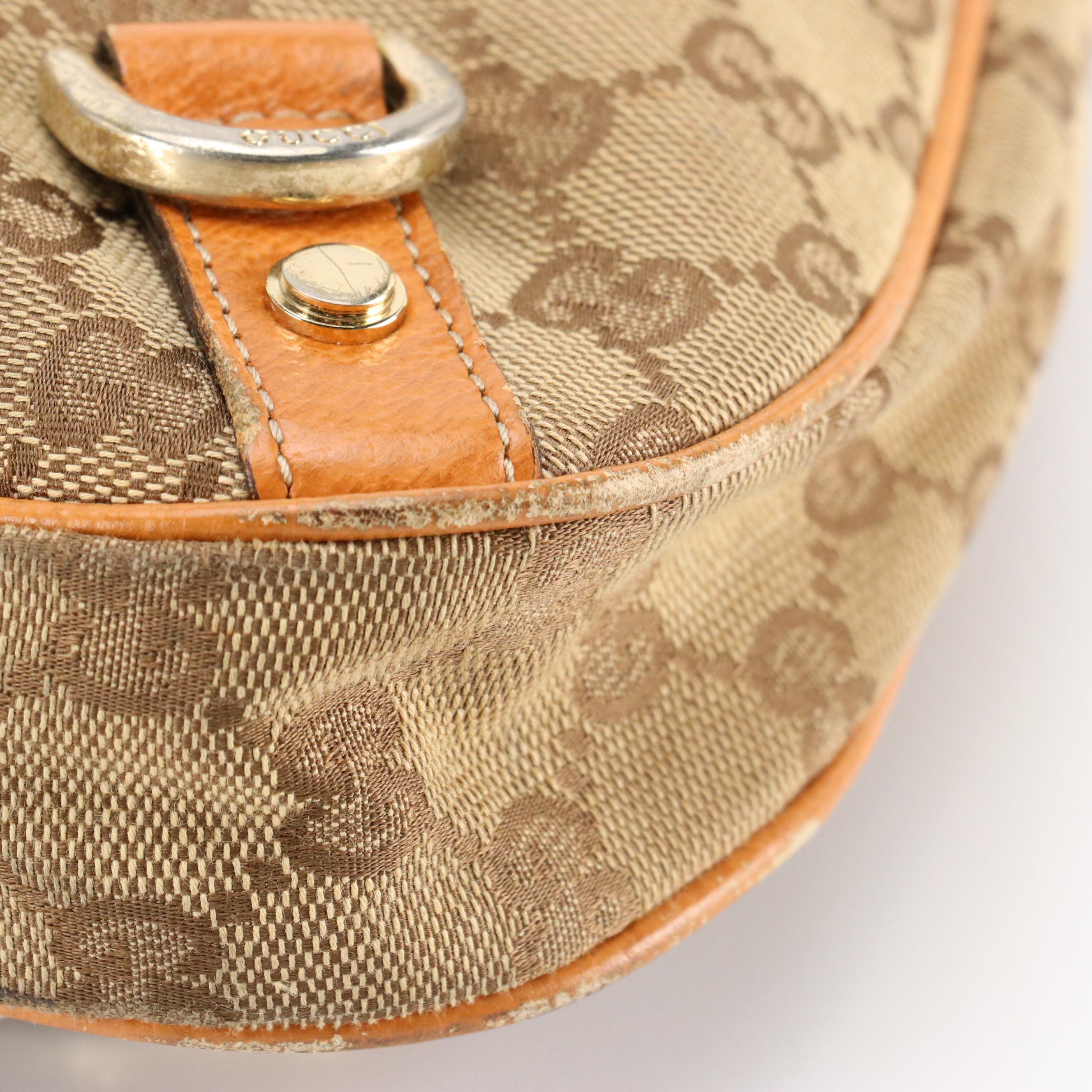 Gucci Abbey D-Ring Hobo Shoulder Bag in GG Canvas and Caramel Brown Leather