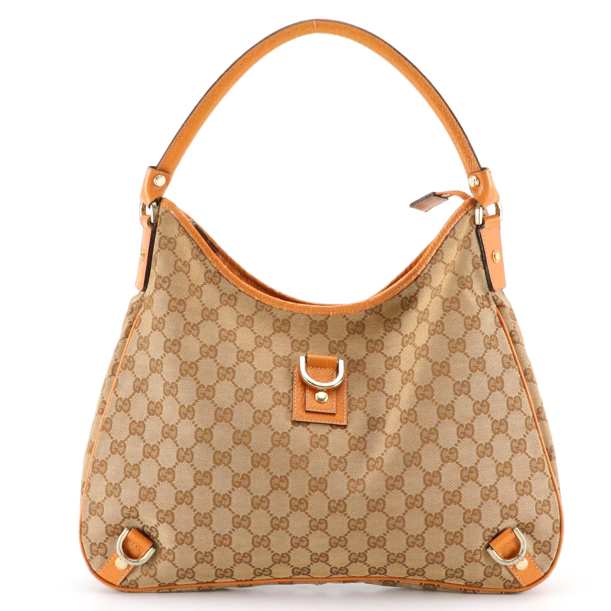 Gucci Abbey D-Ring Hobo Shoulder Bag in GG Canvas and Caramel Brown Leather