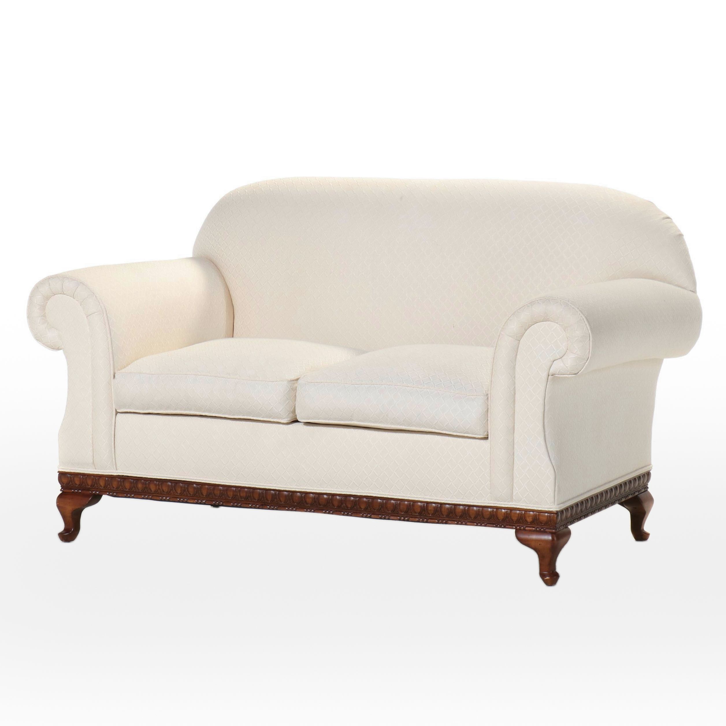 Lillian August for Drexel-Heritage Cream Fabric Upholstered Roll-Arm Loveseat