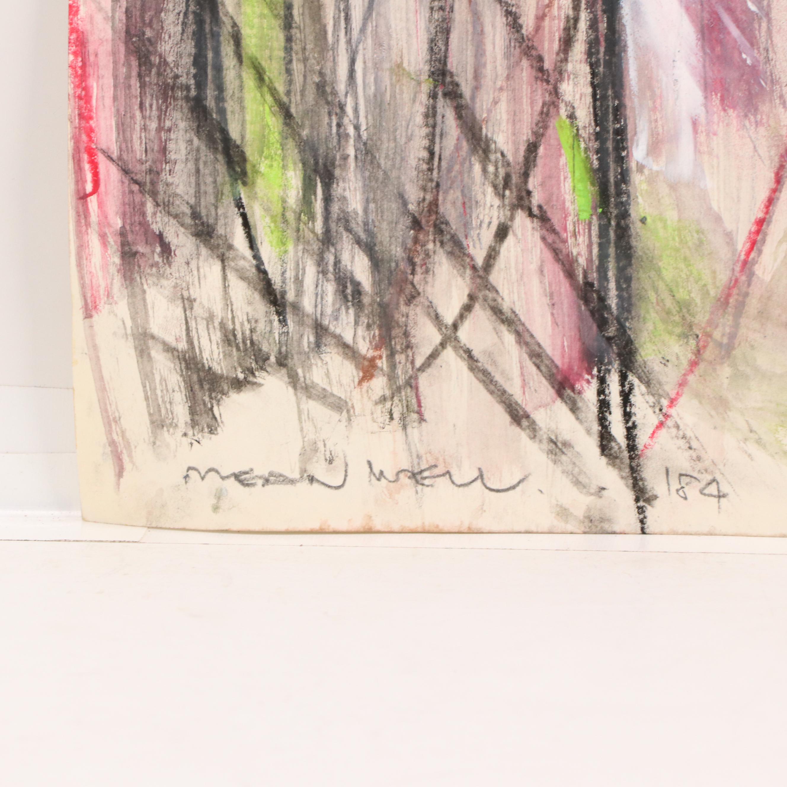 Jack Meanwell Abstract Figurative Mixed Media Drawing, 1984