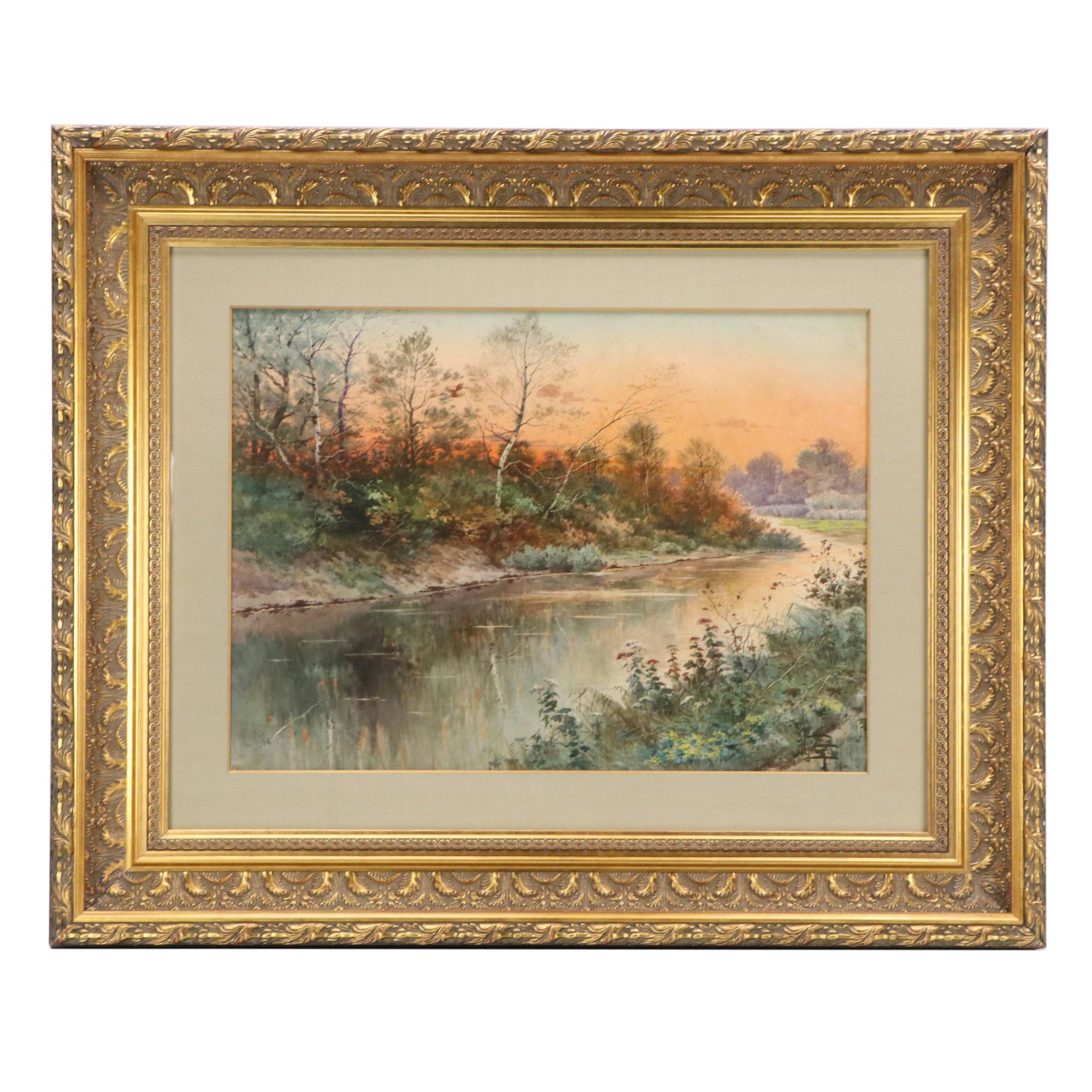 Hippolyte Jean Adam Gide Watercolor Painting with Autumn Landscape