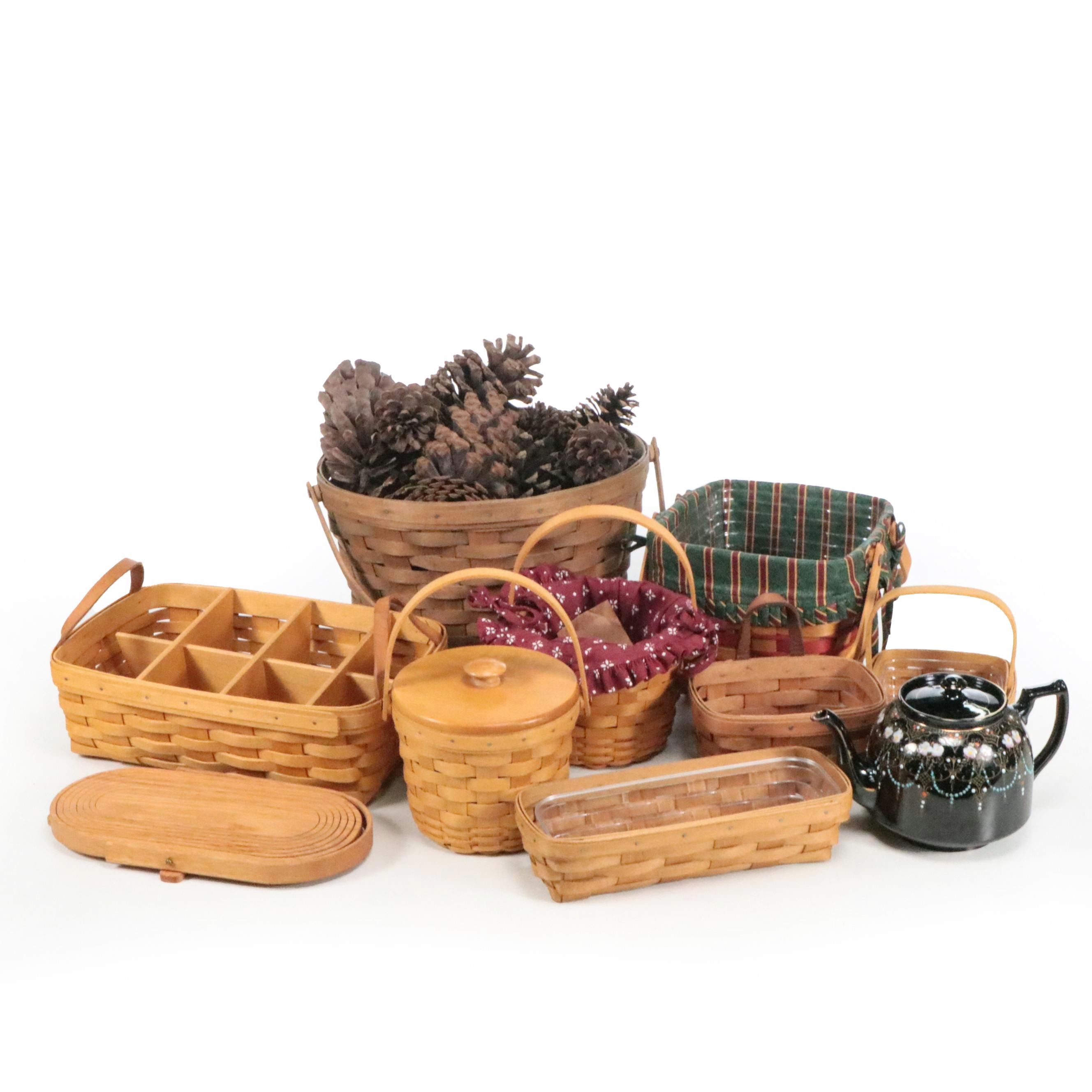 Longaberger and Other Woven Baskets with S. Johnson Ceramic Teapot