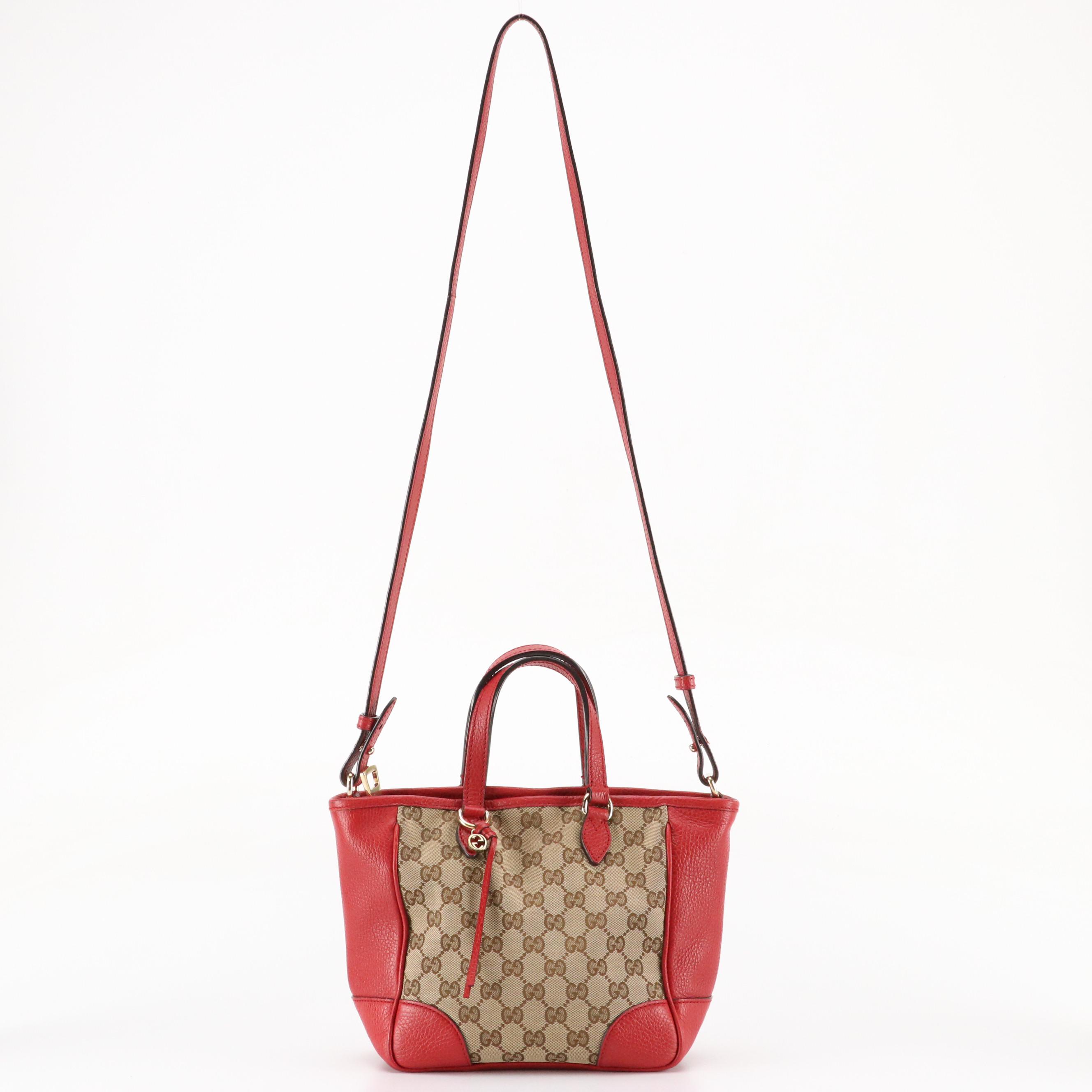 Gucci Bree Small Convertible Tote Bag in GG Canvas & Cherry Red Grained Leather