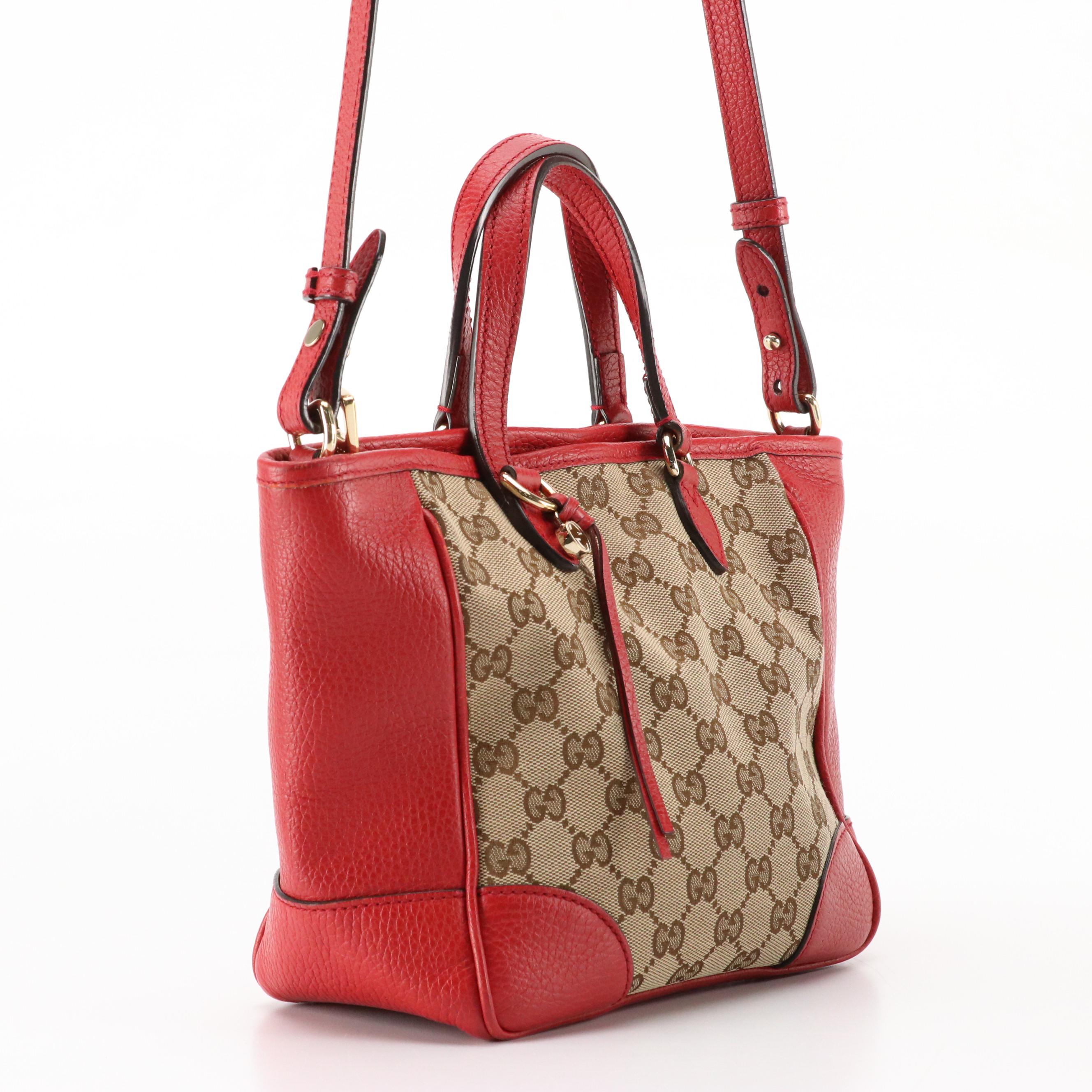 Gucci Bree Small Convertible Tote Bag in GG Canvas & Cherry Red Grained Leather