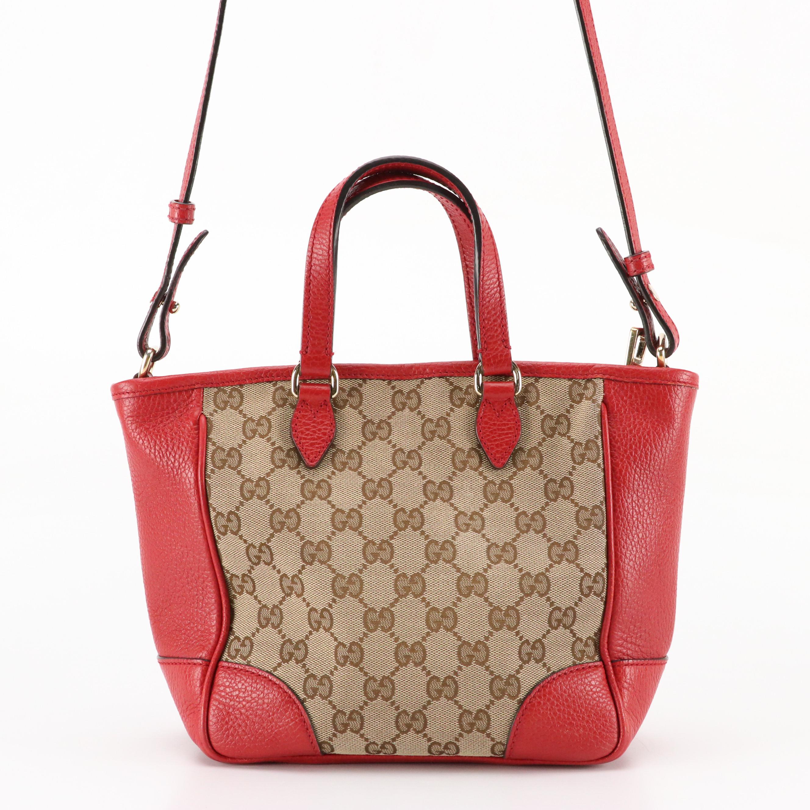 Gucci Bree Small Convertible Tote Bag in GG Canvas & Cherry Red Grained Leather