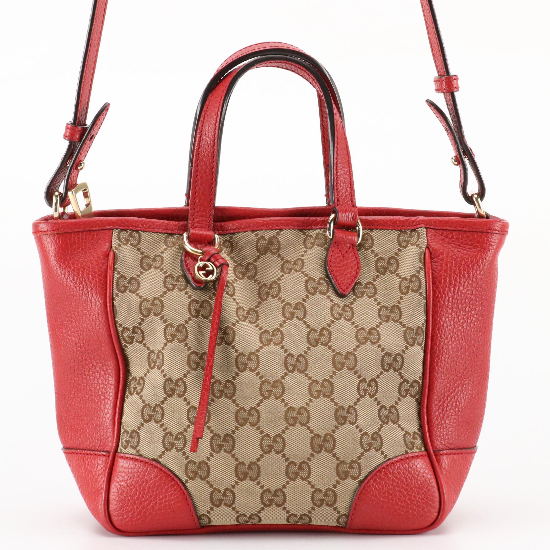 Gucci Bree Small Convertible Tote Bag in GG Canvas & Cherry Red Grained Leather